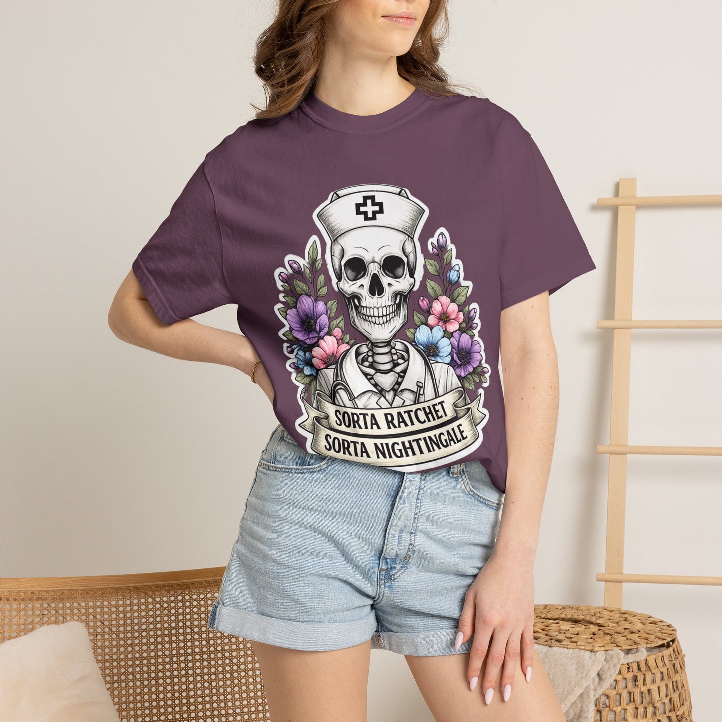 T-Shirt — "Sorta Ratchet, Sorta Nightingale" Nurse Skull Floral Tee
