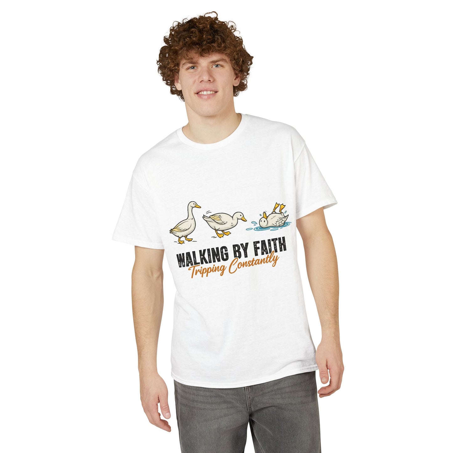 Walking By Faith T-Shirt — "Walking By Faith, Tripping Constantly" Goose Design