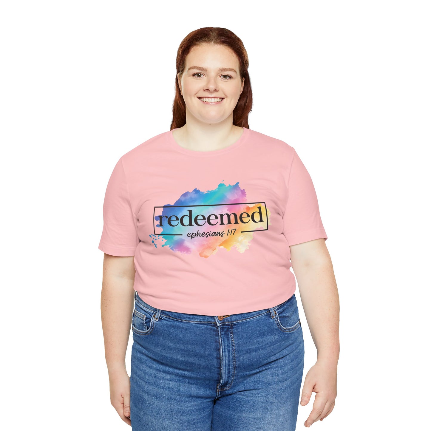 Redeemed Ephesians 1:7 T-Shirt — Colorful Watercolor Faith Tee