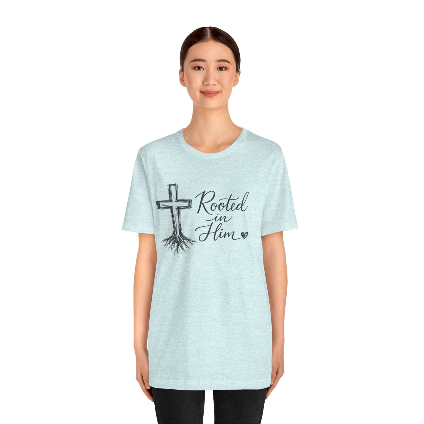 Rooted in Him T-Shirt — Christian Cross & Roots Faith Tee