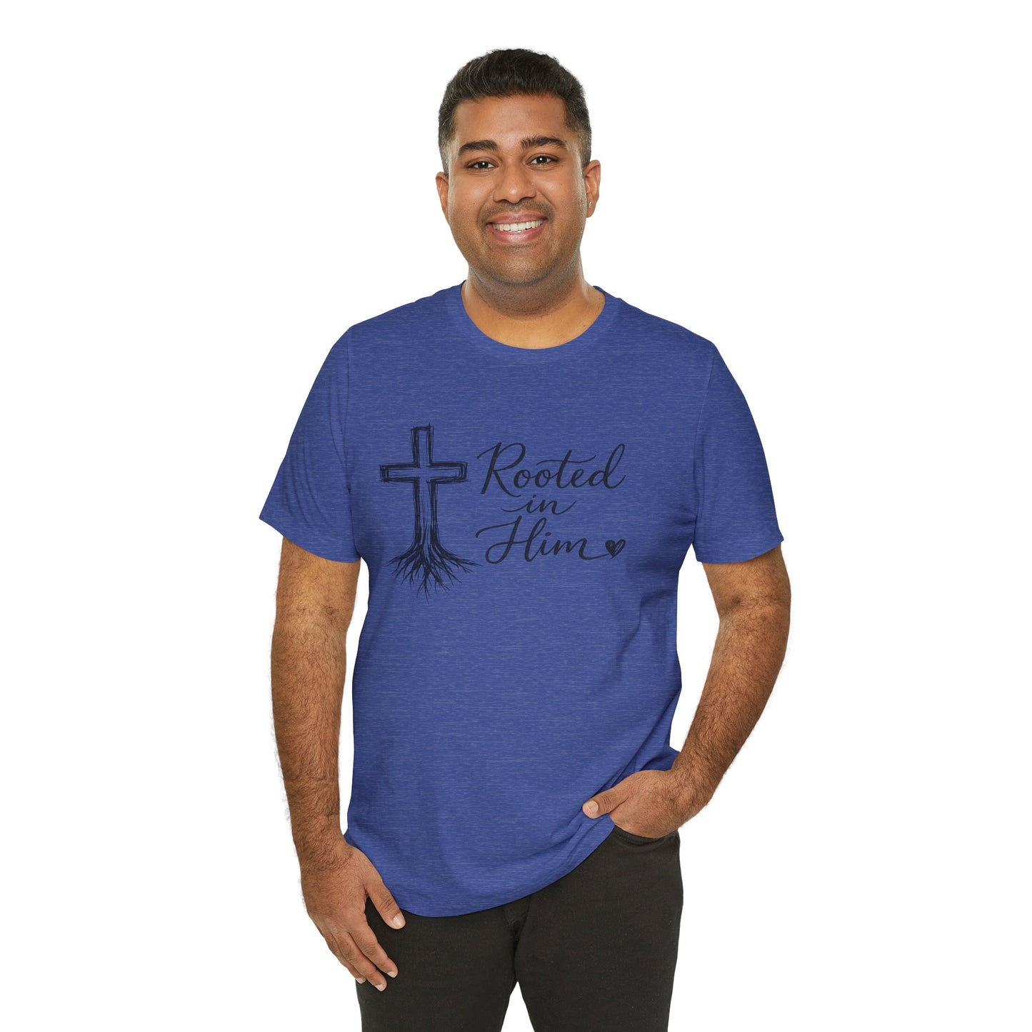 Rooted in Him T-Shirt — Christian Cross & Roots Faith Tee