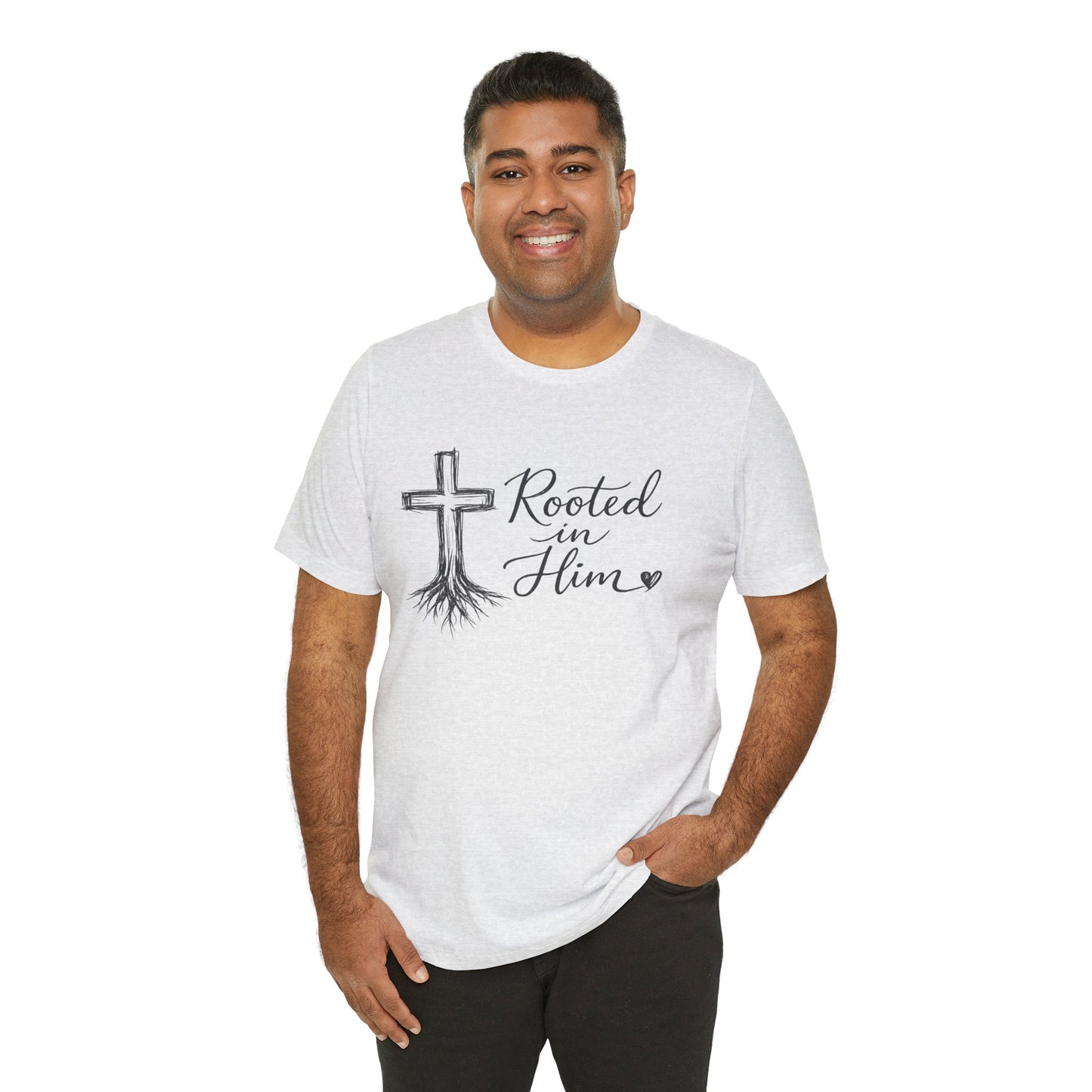 Rooted in Him T-Shirt — Christian Cross & Roots Faith Tee