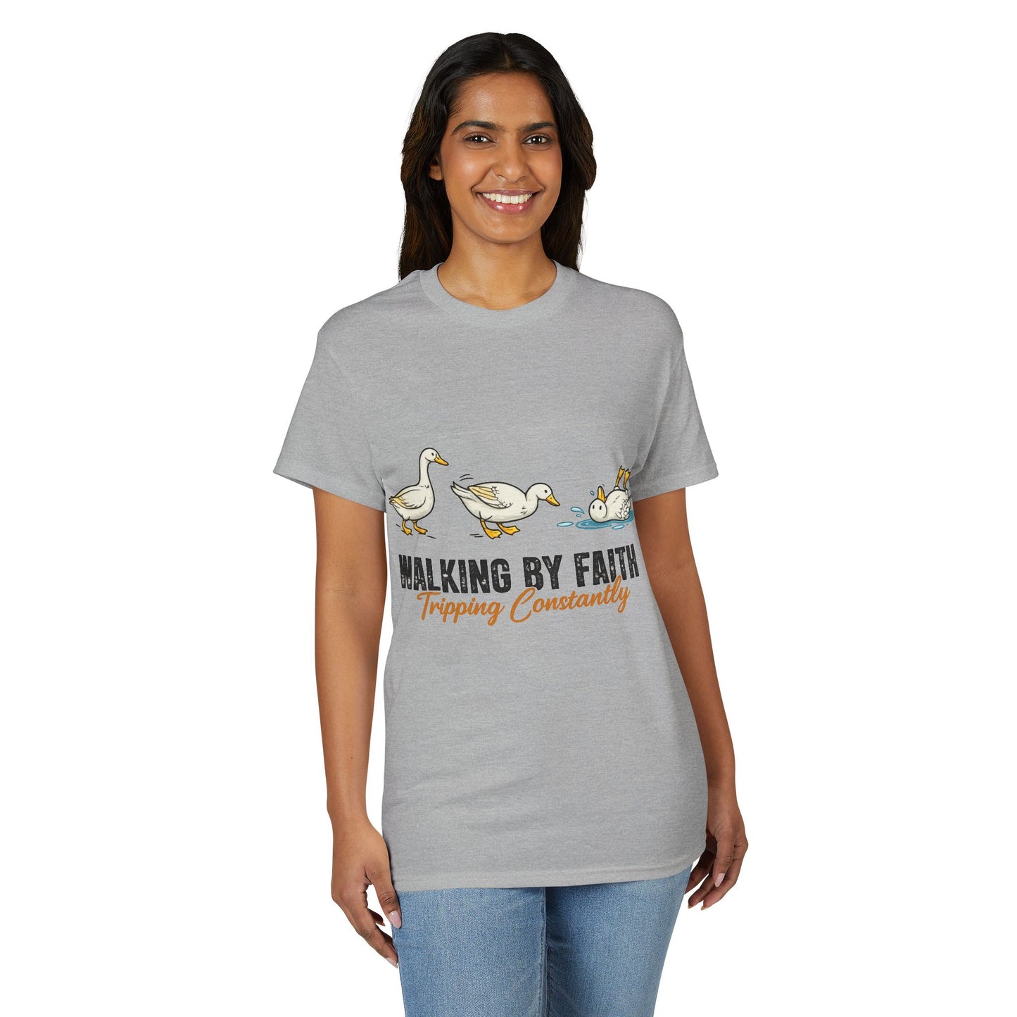 Walking By Faith T-Shirt — "Walking By Faith, Tripping Constantly" Goose Design