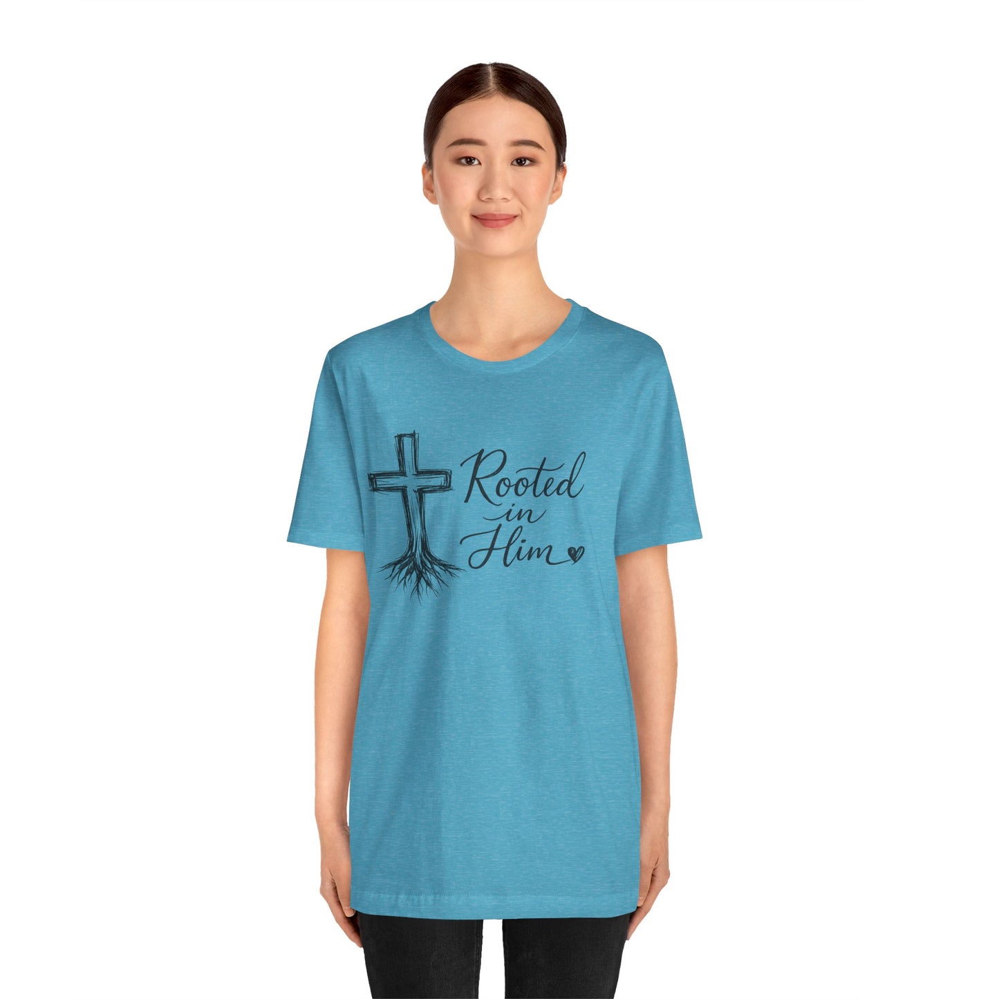Rooted in Him T-Shirt — Christian Cross & Roots Faith Tee