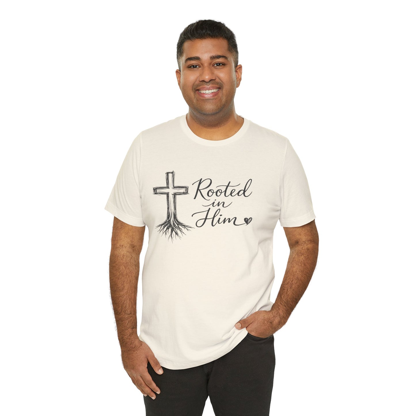 Rooted in Him T-Shirt — Christian Cross & Roots Faith Tee