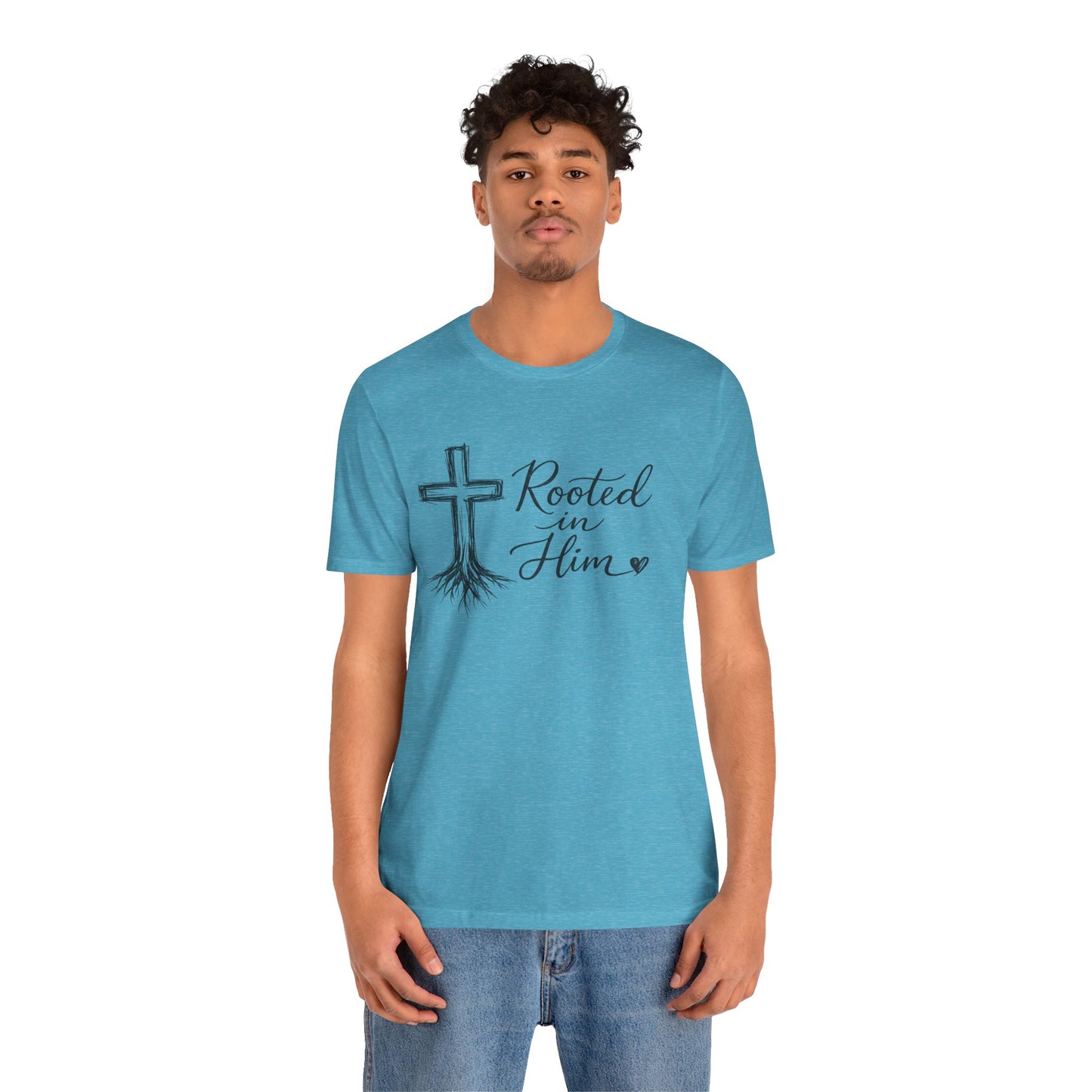 Rooted in Him T-Shirt — Christian Cross & Roots Faith Tee