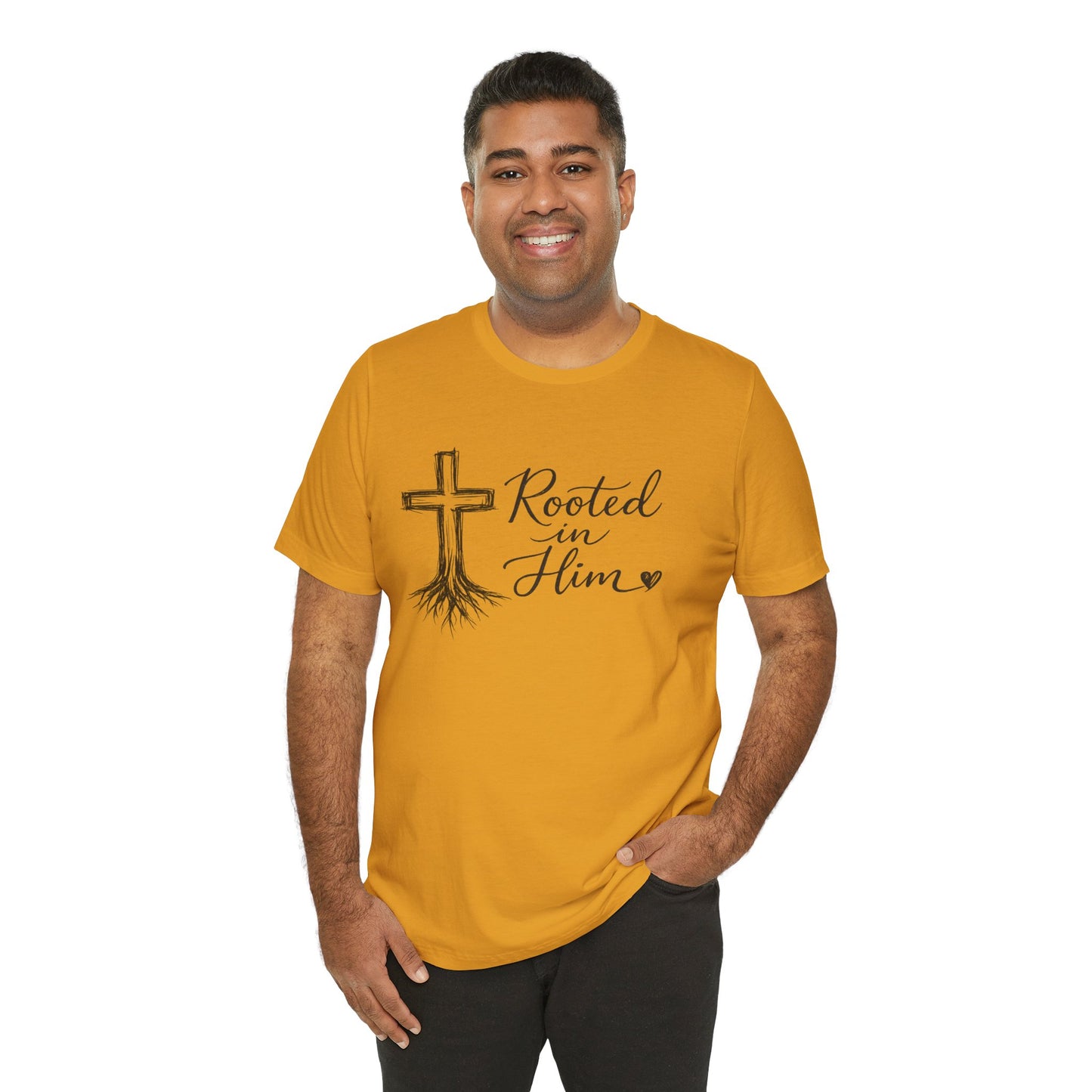 Rooted in Him T-Shirt — Christian Cross & Roots Faith Tee