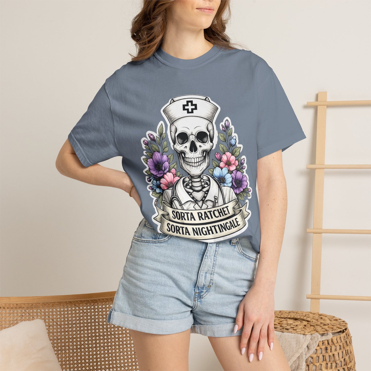 T-Shirt — "Sorta Ratchet, Sorta Nightingale" Nurse Skull Floral Tee
