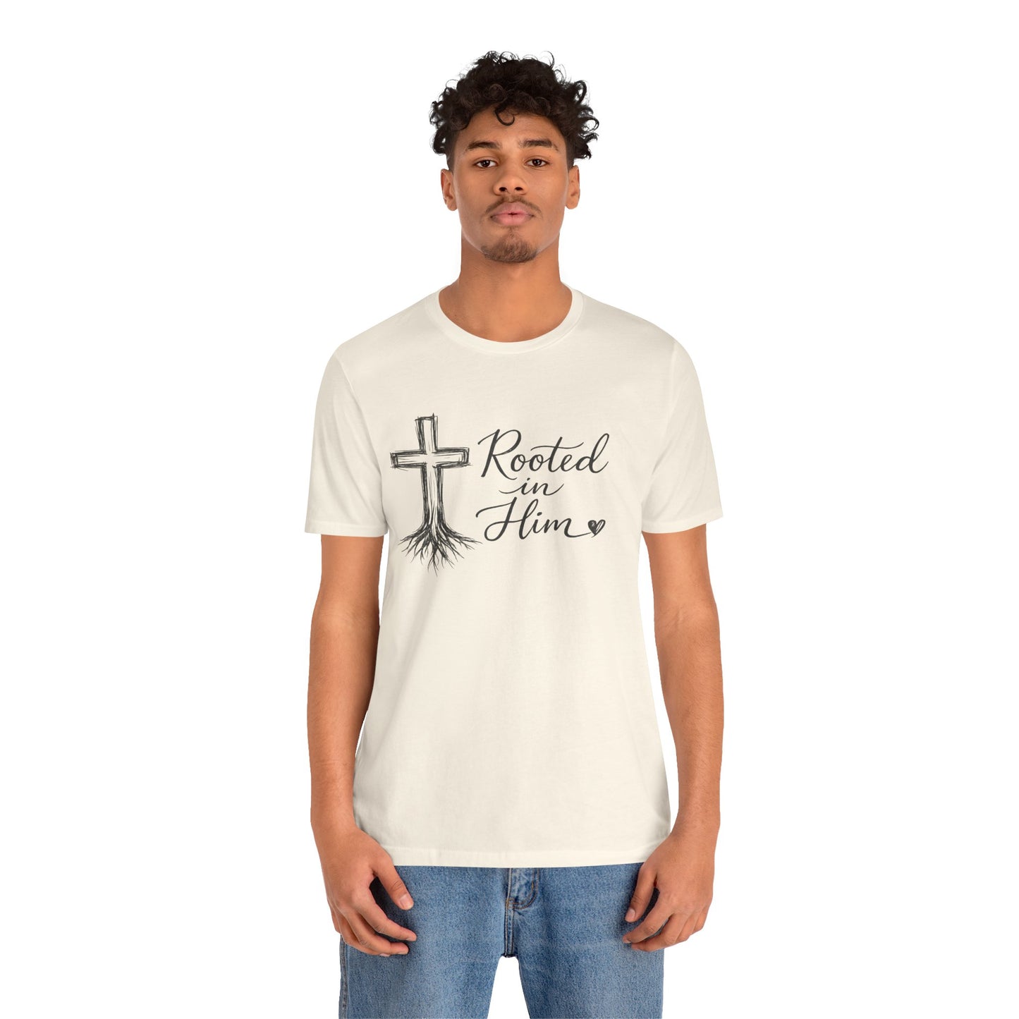 Rooted in Him T-Shirt — Christian Cross & Roots Faith Tee
