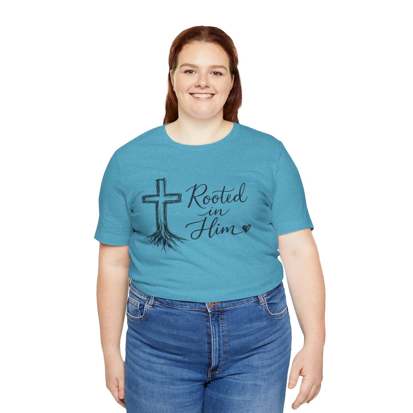 Rooted in Him T-Shirt — Christian Cross & Roots Faith Tee