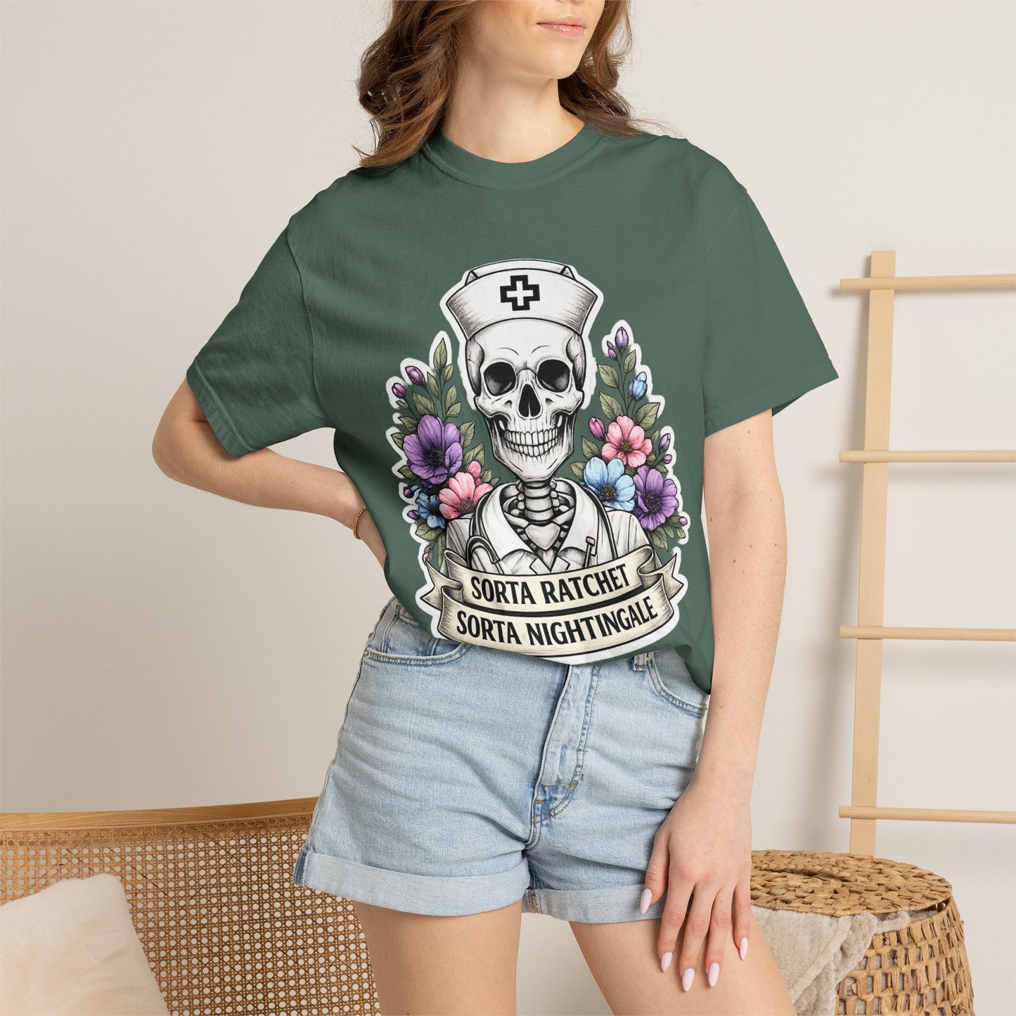 T-Shirt — "Sorta Ratchet, Sorta Nightingale" Nurse Skull Floral Tee