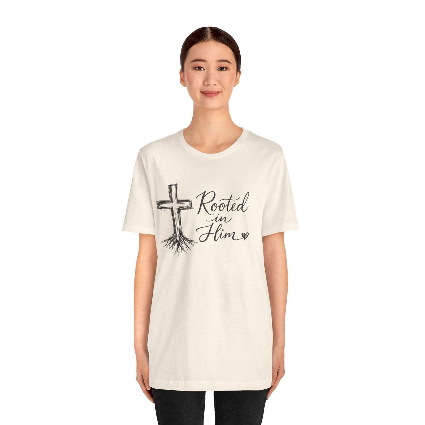 Rooted in Him T-Shirt — Christian Cross & Roots Faith Tee