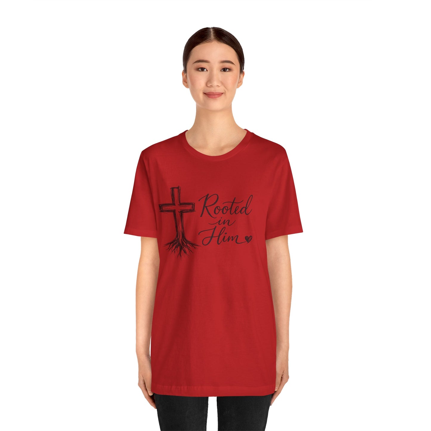 Rooted in Him T-Shirt — Christian Cross & Roots Faith Tee