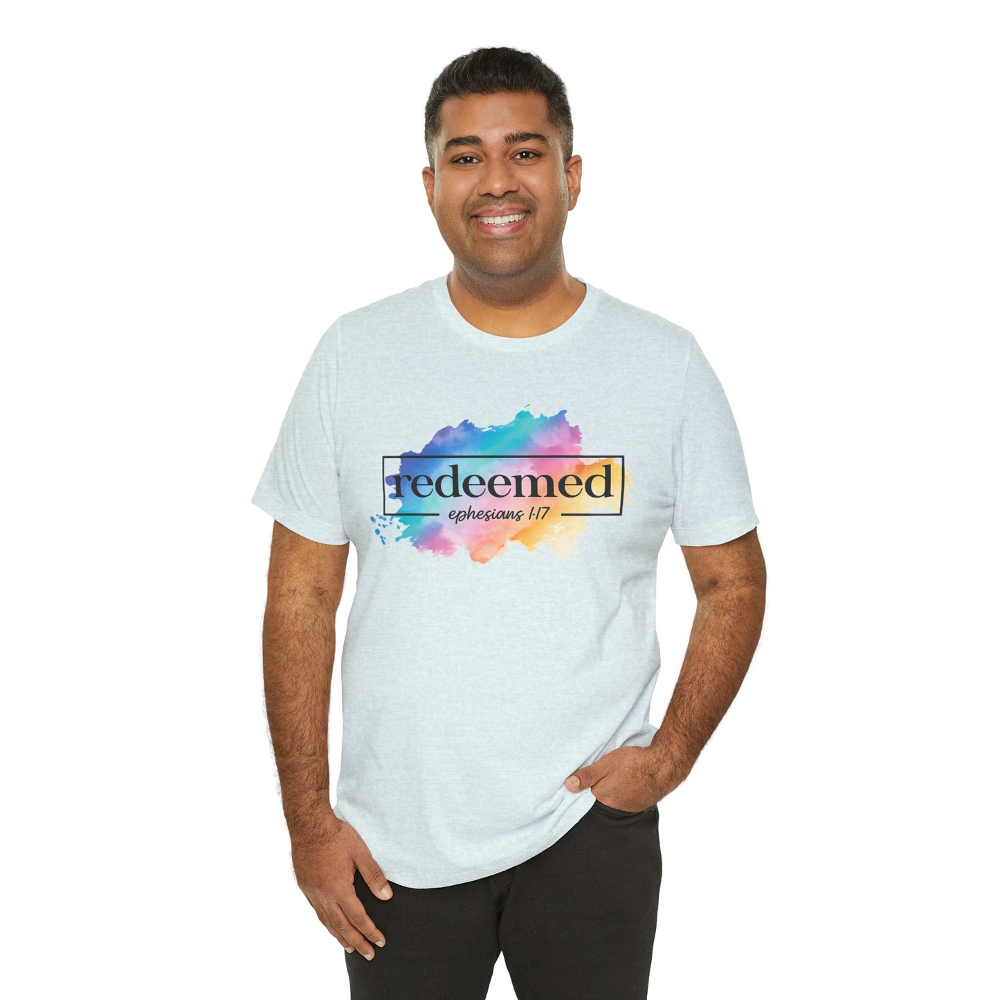 Redeemed Ephesians 1:7 T-Shirt — Colorful Watercolor Faith Tee