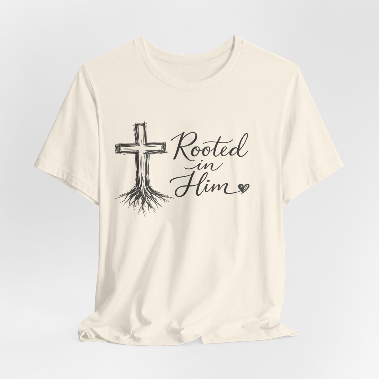 Rooted in Him T-Shirt — Christian Cross & Roots Faith Tee