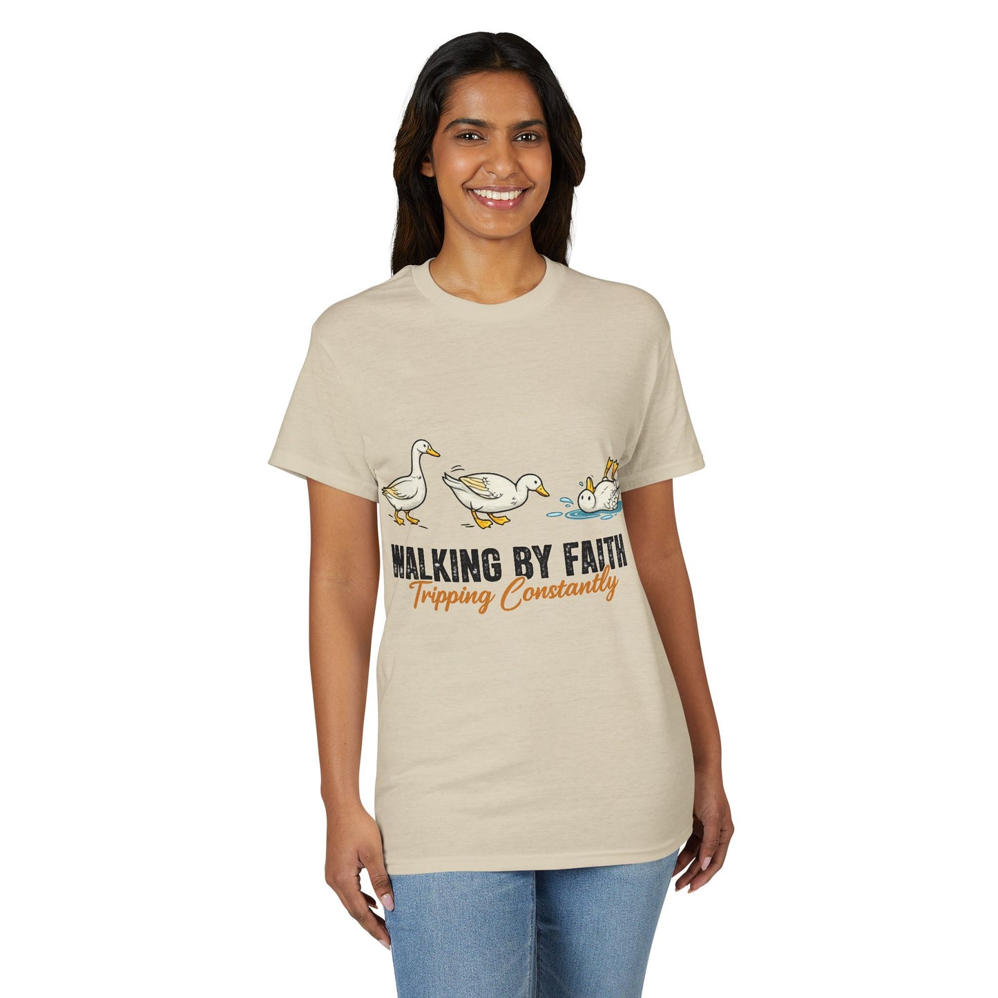 Walking By Faith T-Shirt — "Walking By Faith, Tripping Constantly" Goose Design