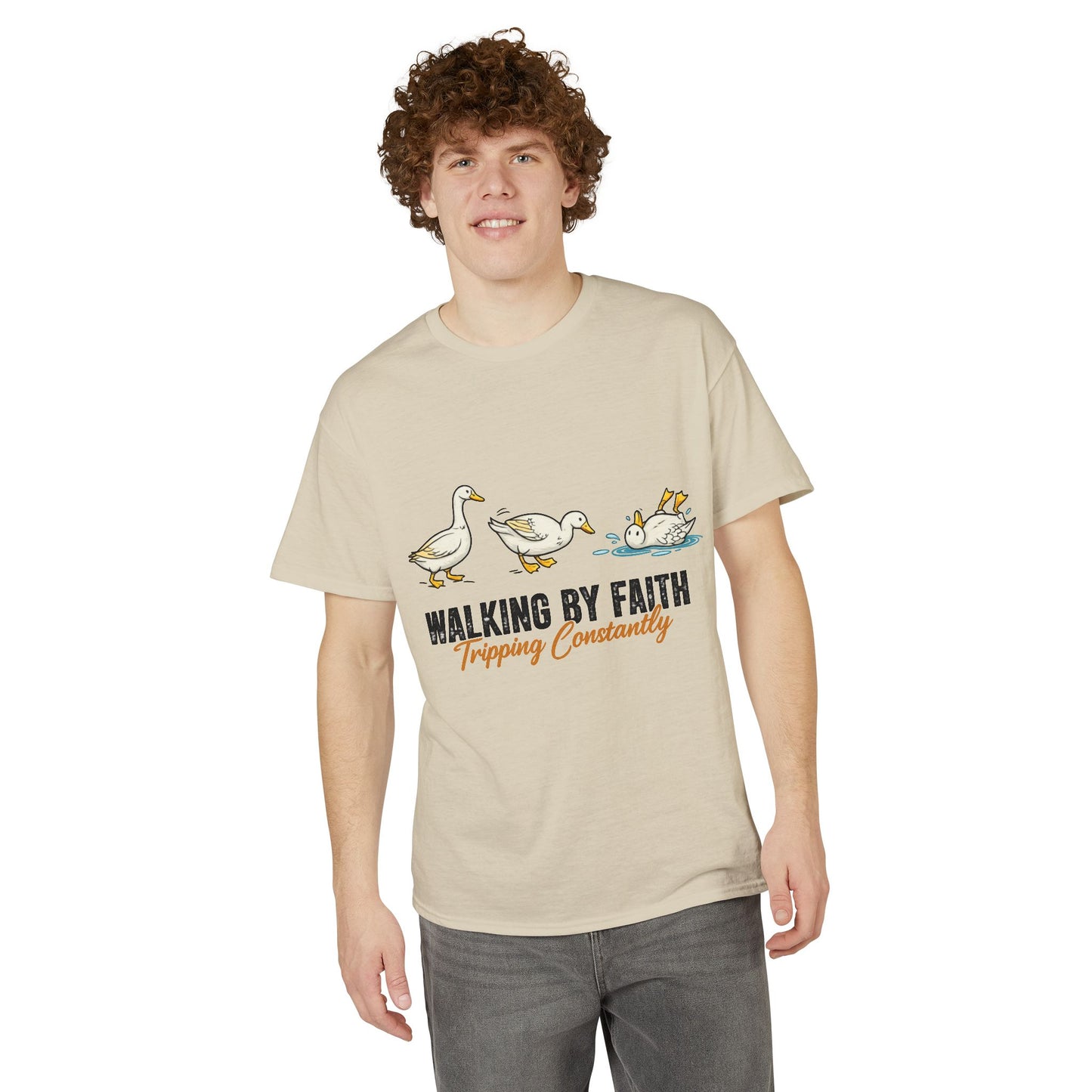 Walking By Faith T-Shirt — "Walking By Faith, Tripping Constantly" Goose Design