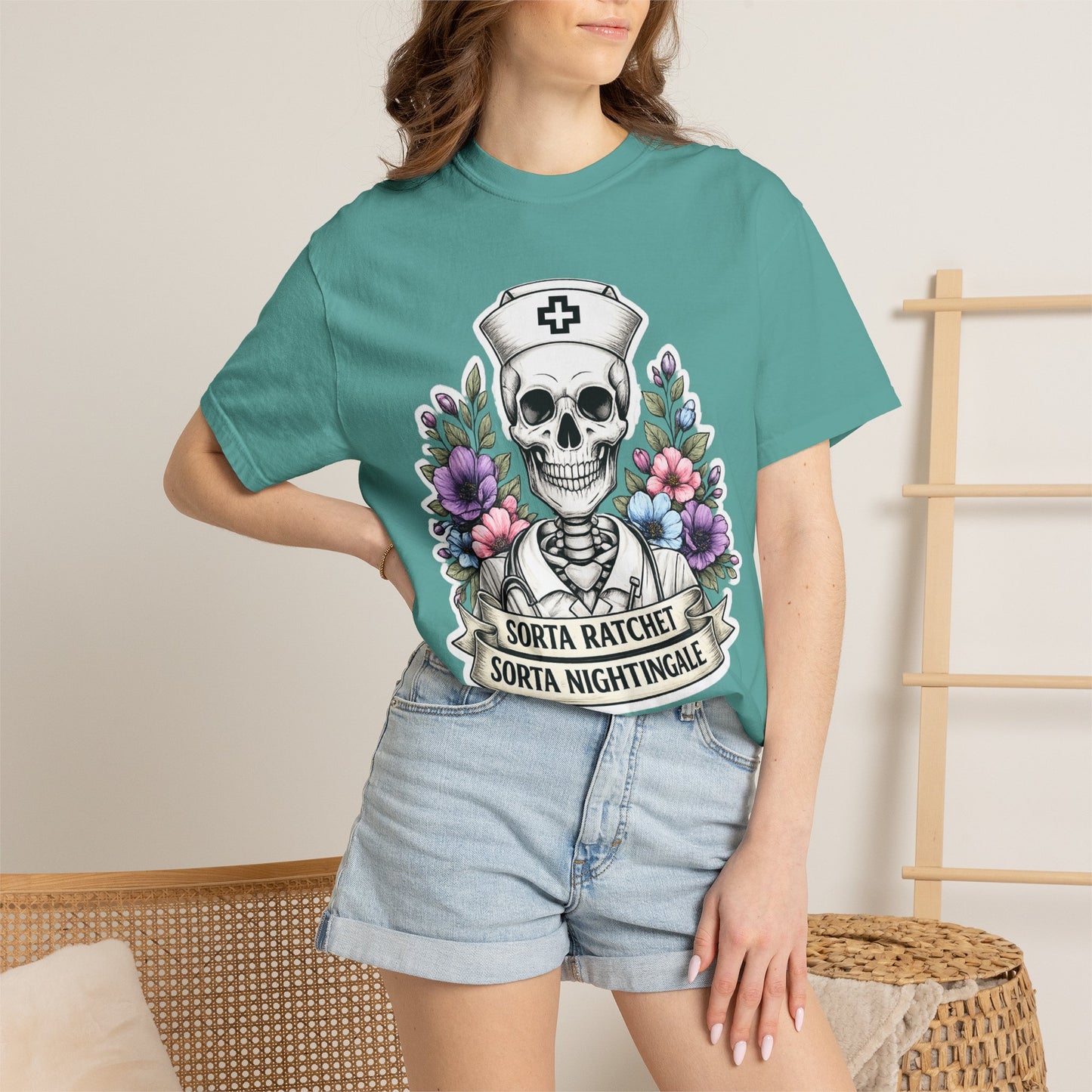 T-Shirt — "Sorta Ratchet, Sorta Nightingale" Nurse Skull Floral Tee