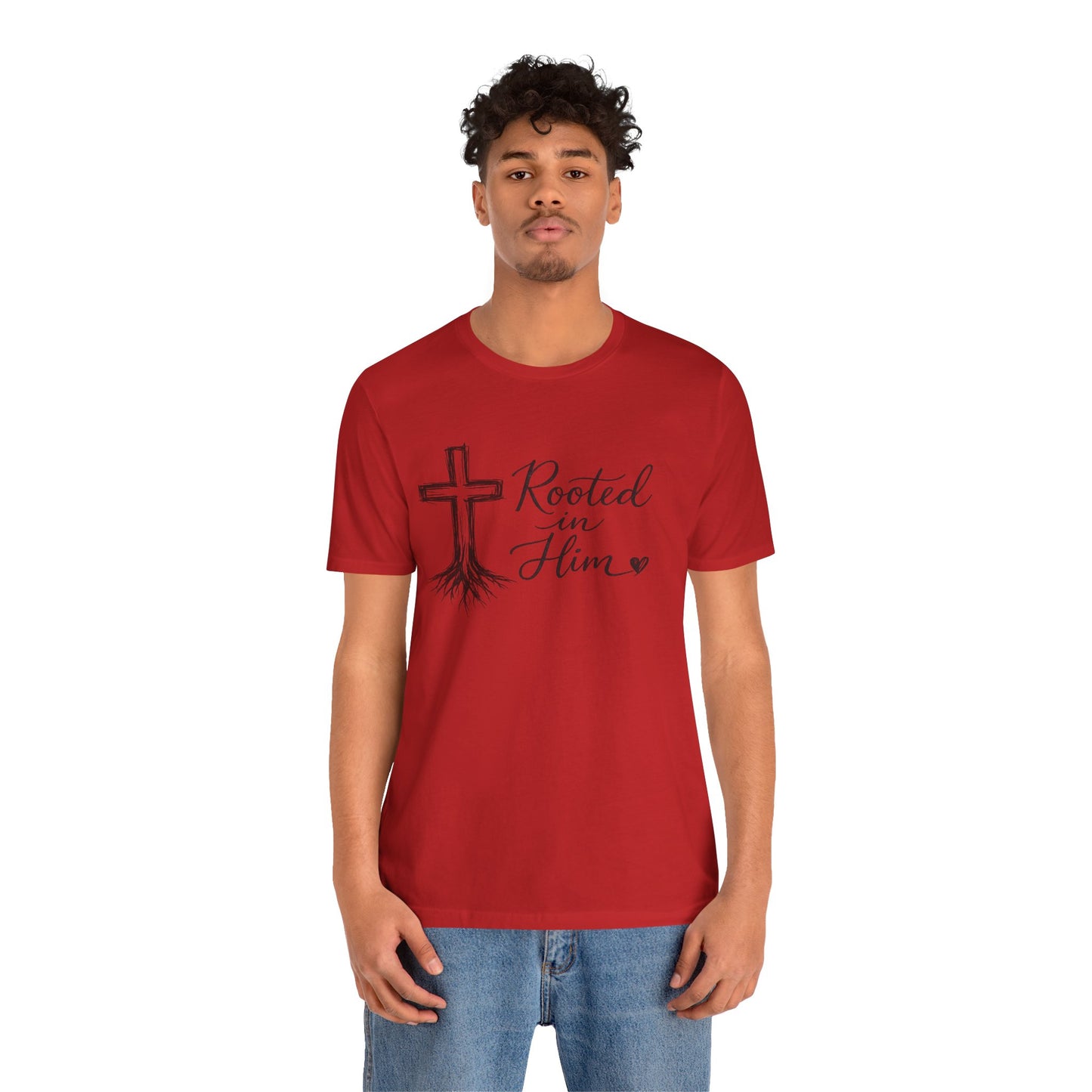 Rooted in Him T-Shirt — Christian Cross & Roots Faith Tee