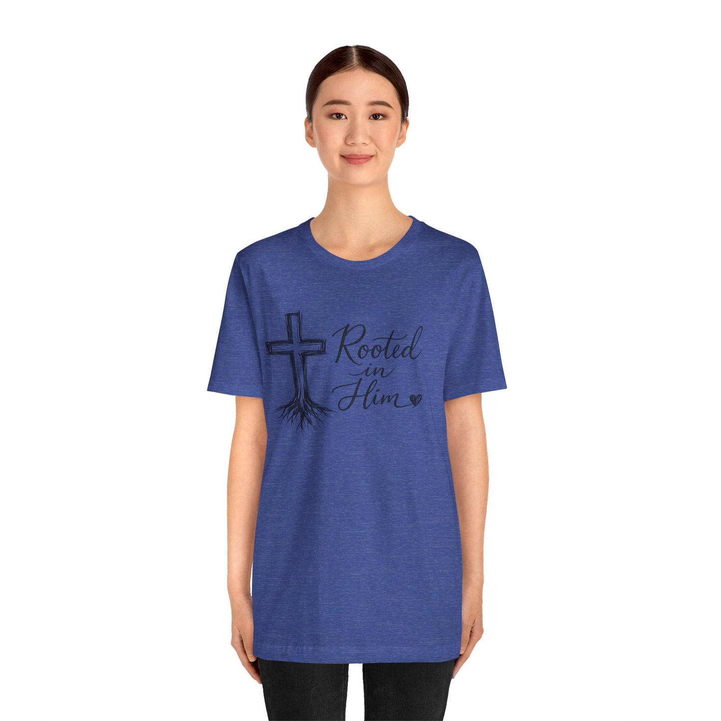Rooted in Him T-Shirt — Christian Cross & Roots Faith Tee