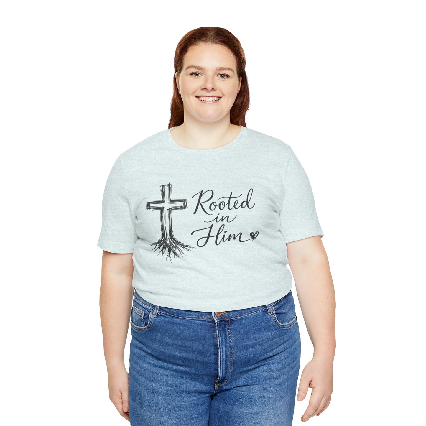 Rooted in Him T-Shirt — Christian Cross & Roots Faith Tee