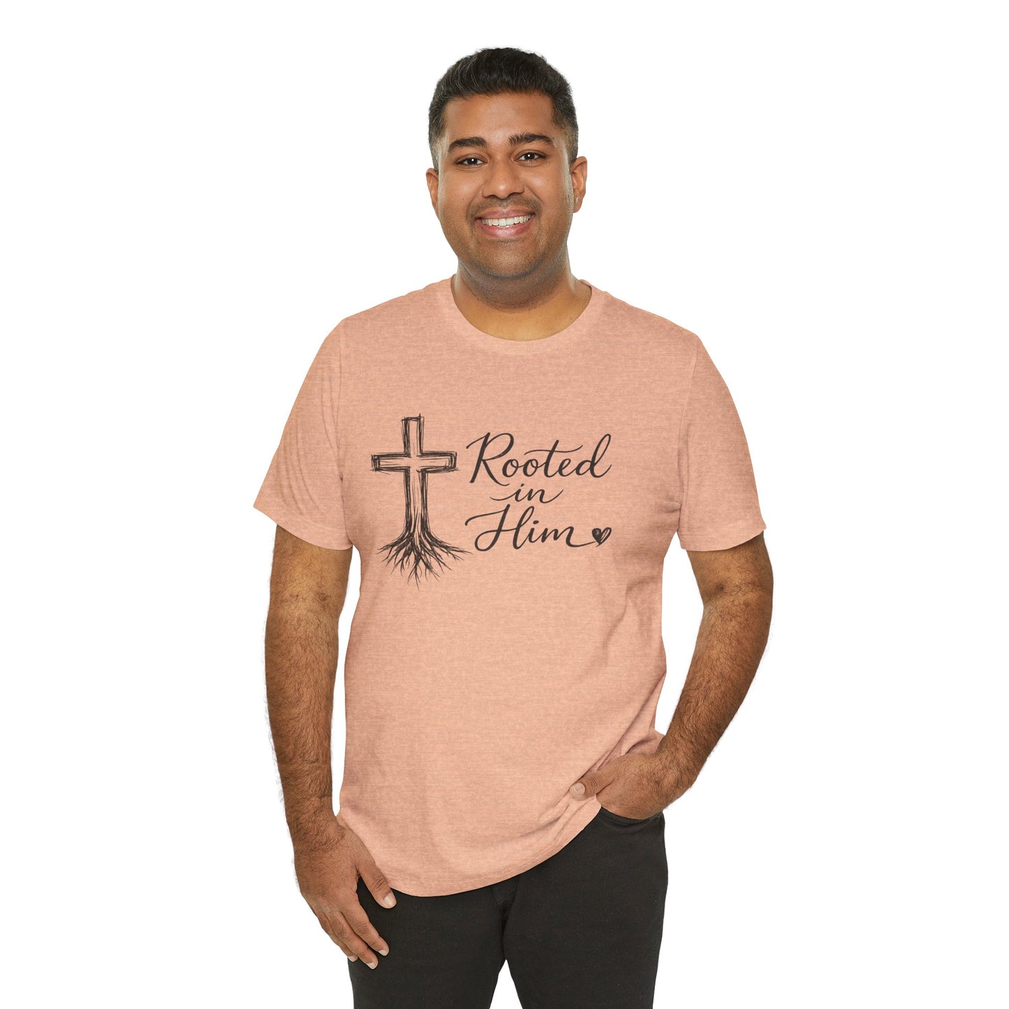 Rooted in Him T-Shirt — Christian Cross & Roots Faith Tee