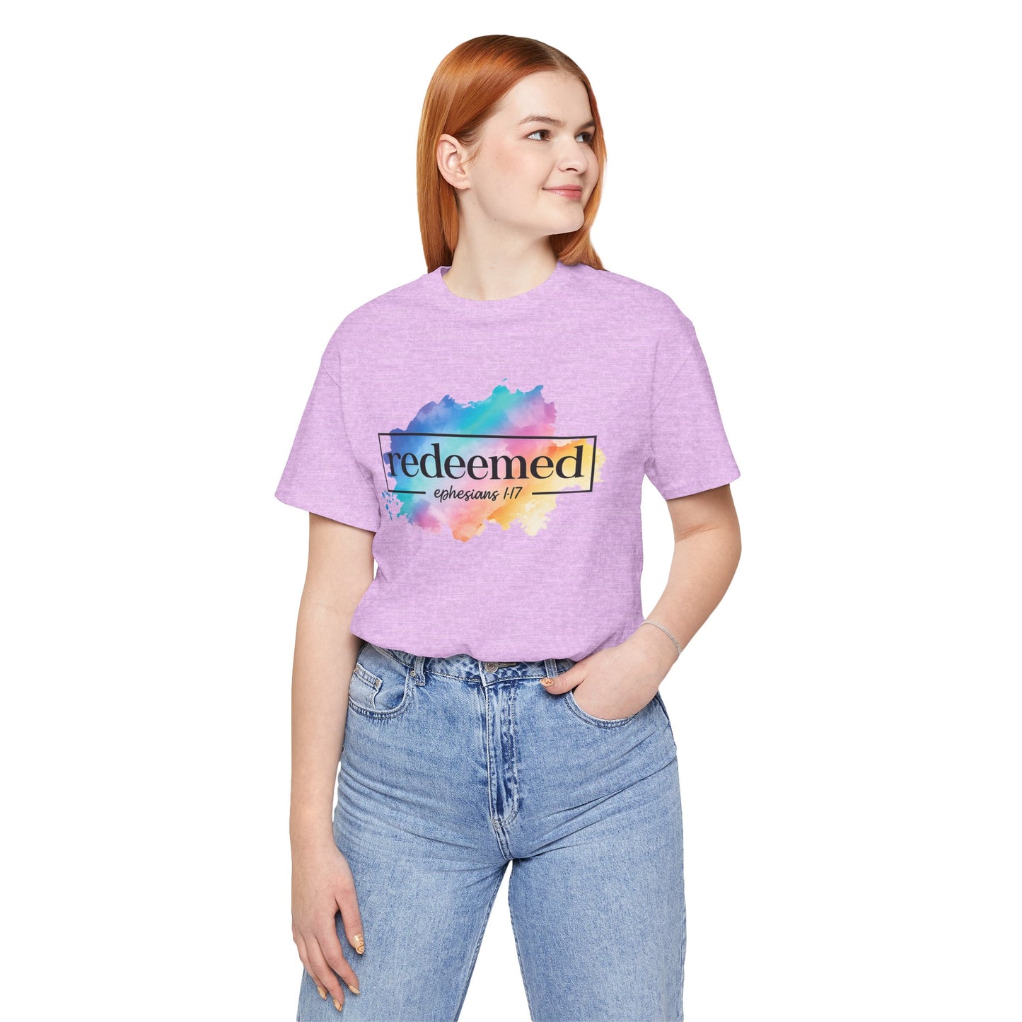 Redeemed Ephesians 1:7 T-Shirt — Colorful Watercolor Faith Tee