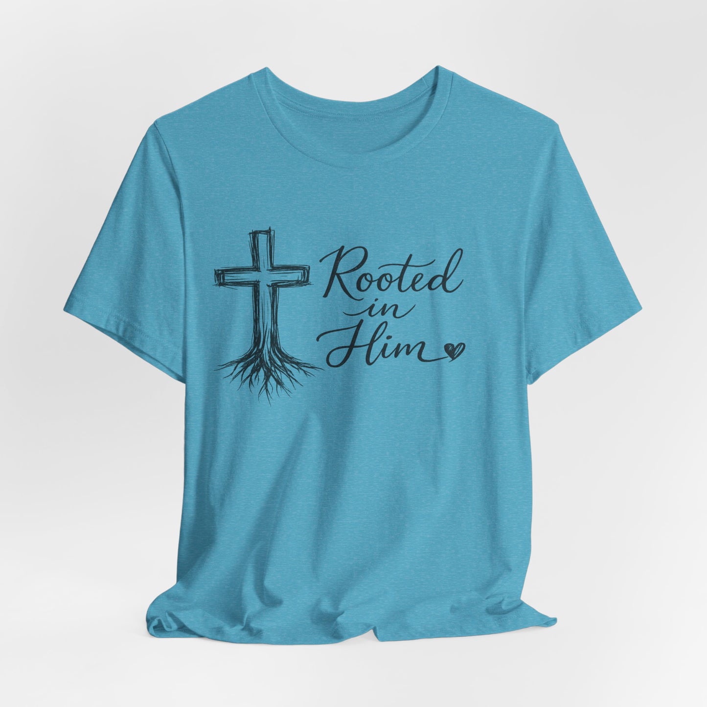 Rooted in Him T-Shirt — Christian Cross & Roots Faith Tee