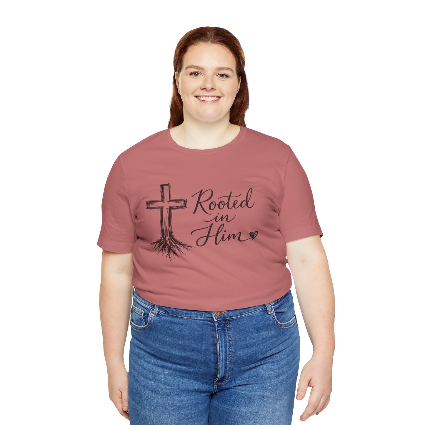 Rooted in Him T-Shirt — Christian Cross & Roots Faith Tee