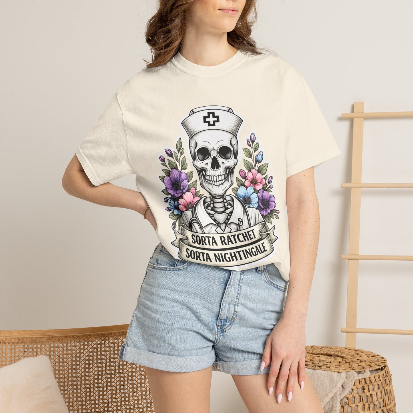 T-Shirt — "Sorta Ratchet, Sorta Nightingale" Nurse Skull Floral Tee
