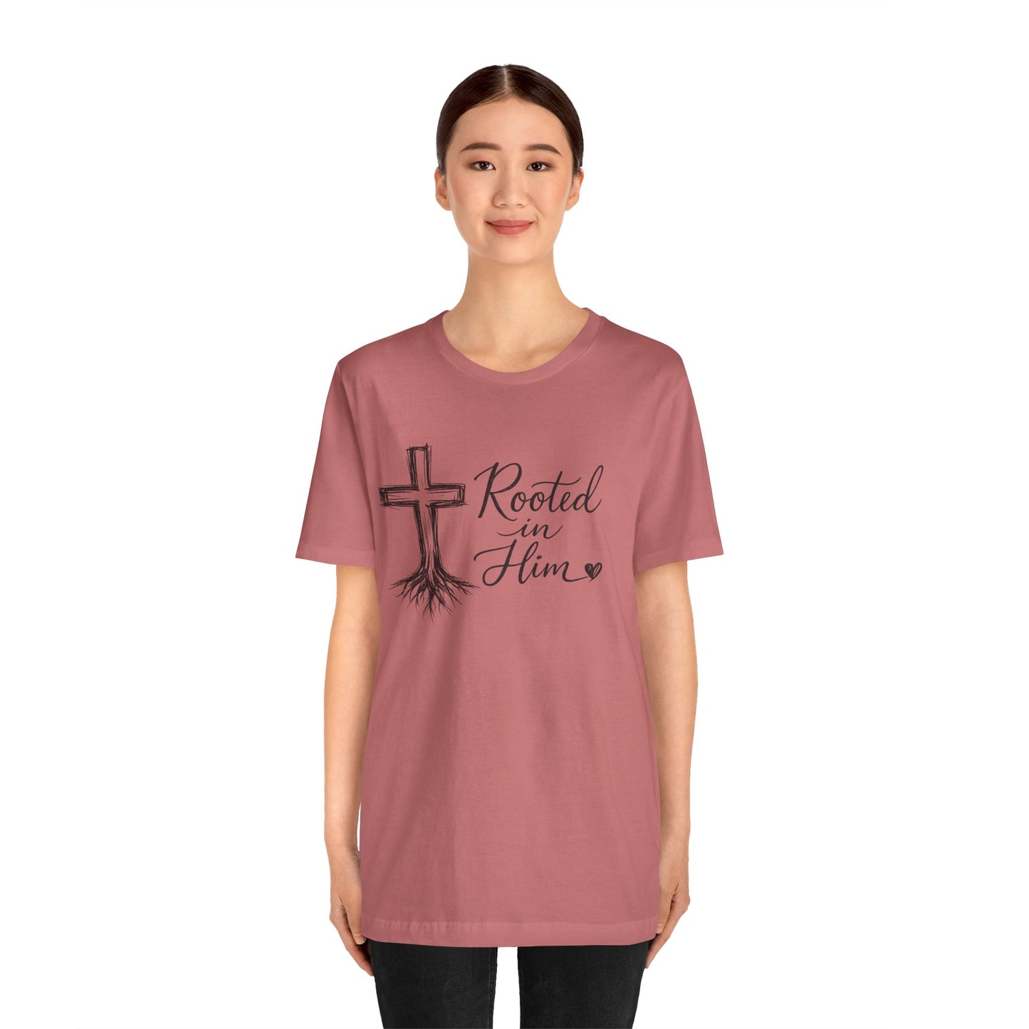 Rooted in Him T-Shirt — Christian Cross & Roots Faith Tee