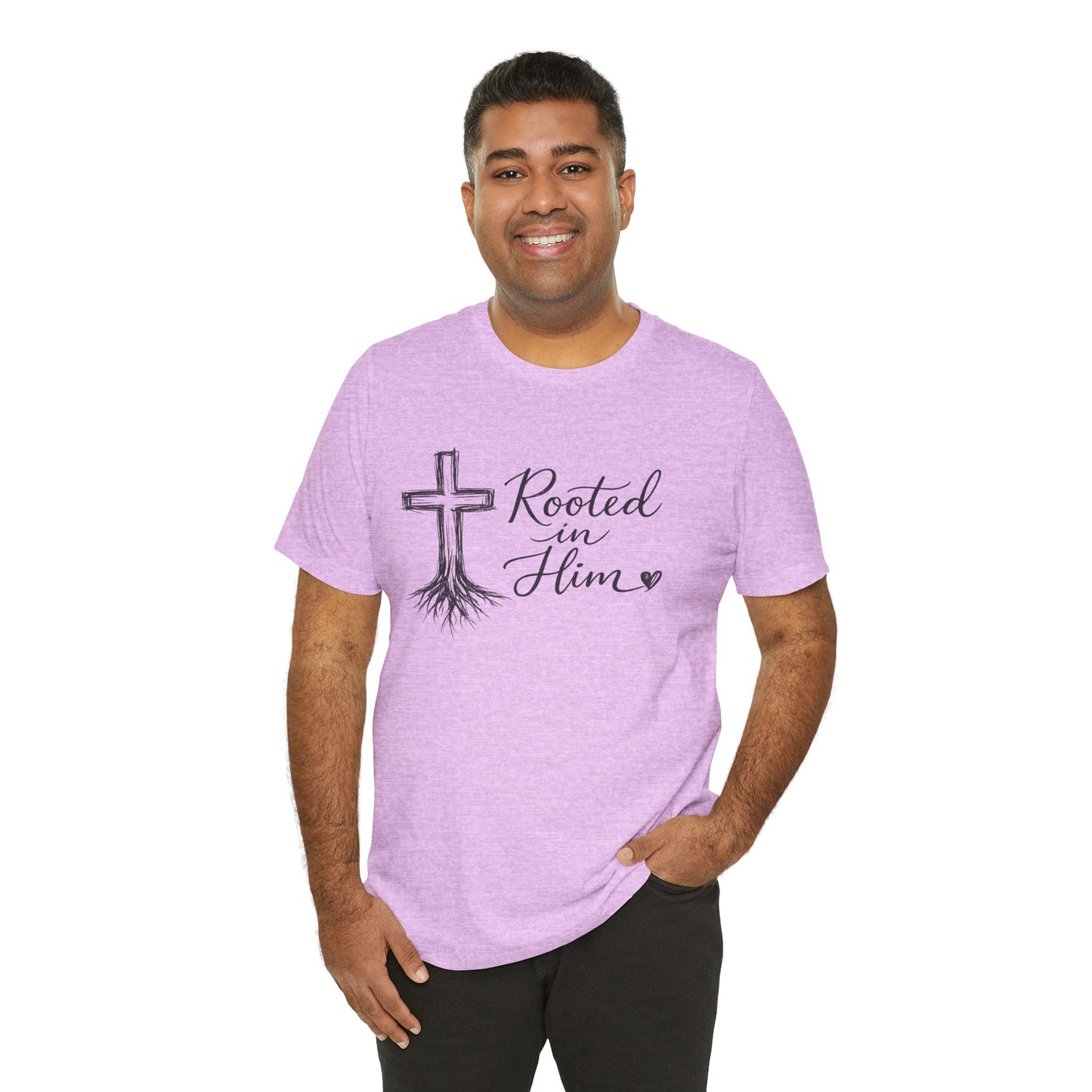 Rooted in Him T-Shirt — Christian Cross & Roots Faith Tee