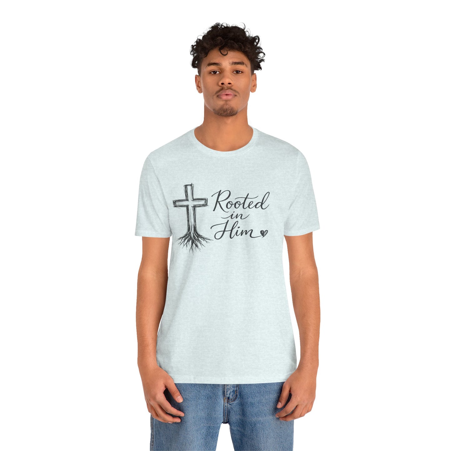 Rooted in Him T-Shirt — Christian Cross & Roots Faith Tee