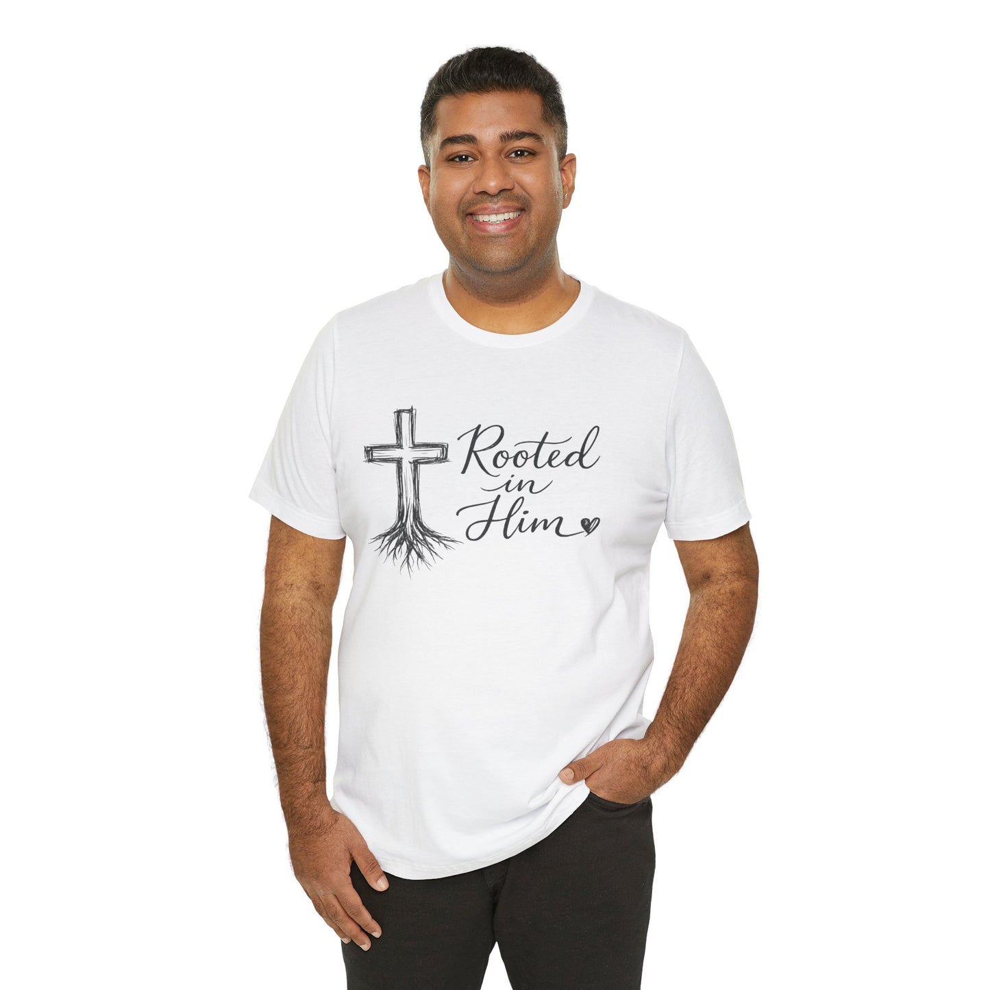 Rooted in Him T-Shirt — Christian Cross & Roots Faith Tee