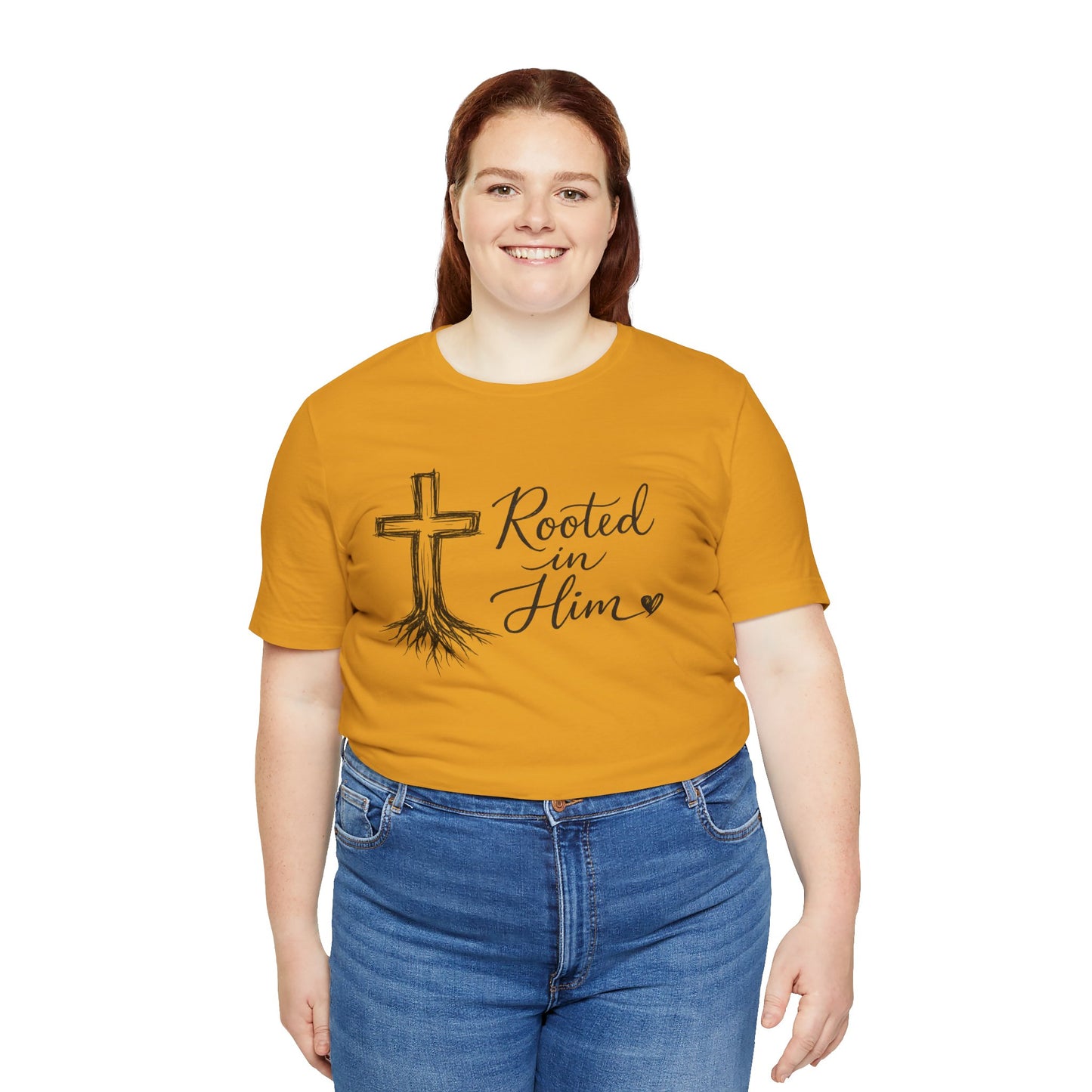 Rooted in Him T-Shirt — Christian Cross & Roots Faith Tee