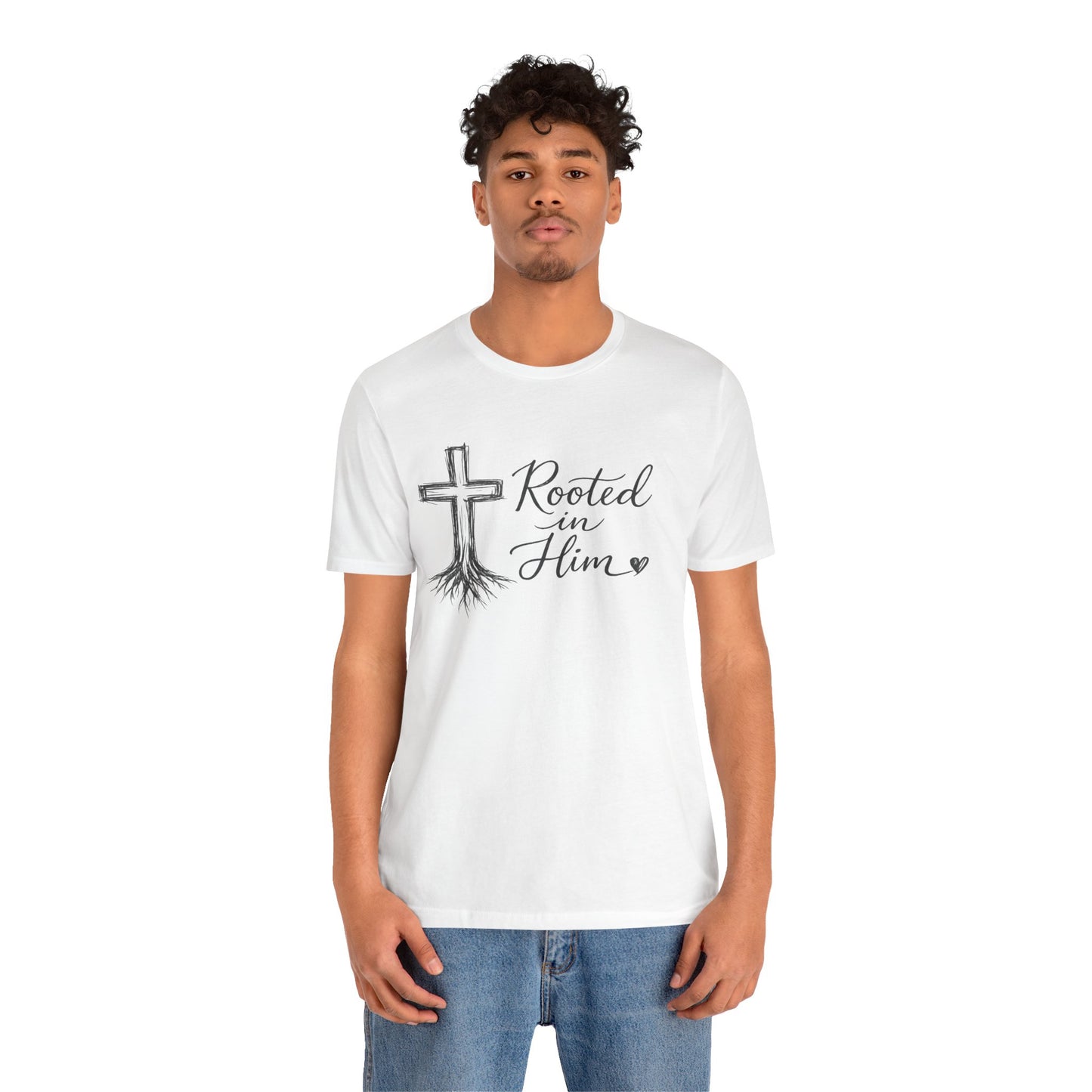 Rooted in Him T-Shirt — Christian Cross & Roots Faith Tee