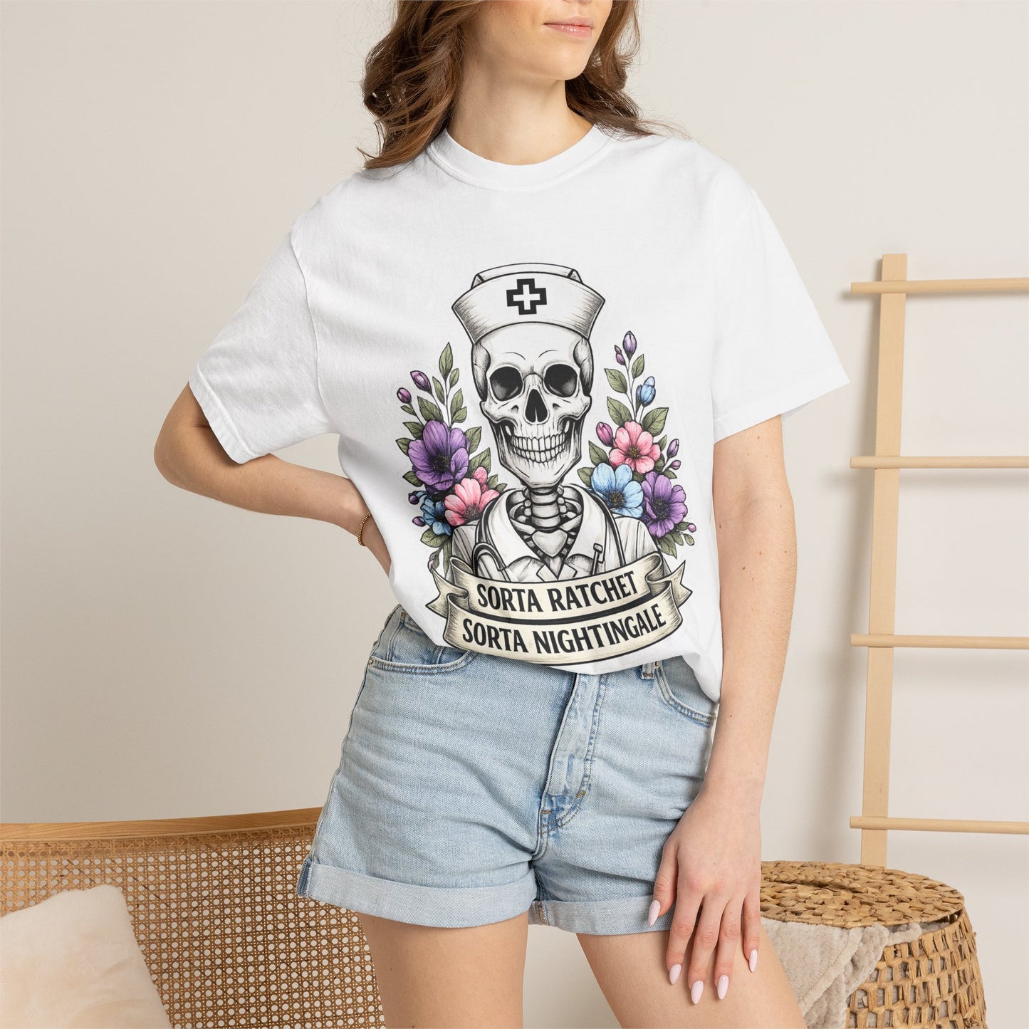 T-Shirt — "Sorta Ratchet, Sorta Nightingale" Nurse Skull Floral Tee