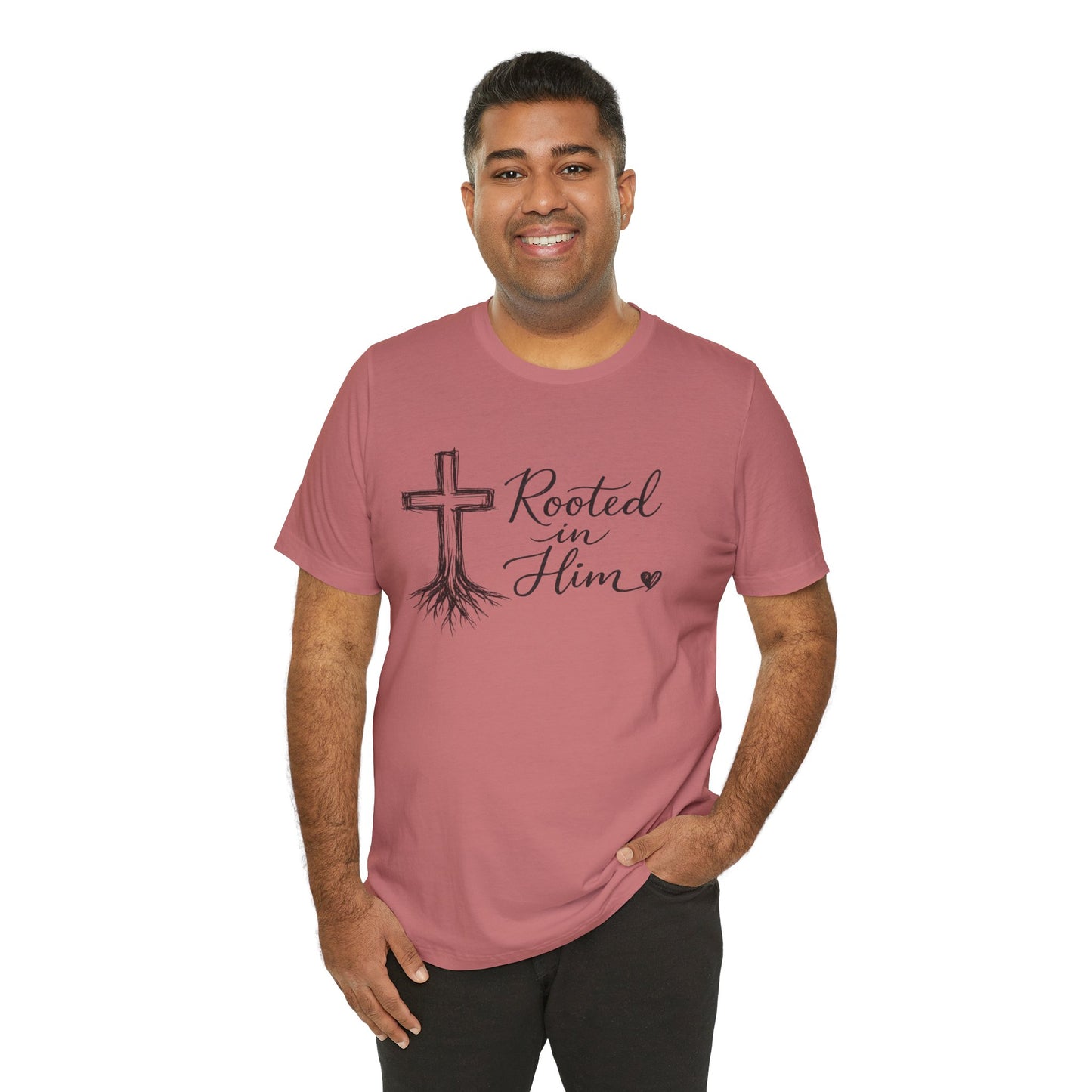 Rooted in Him T-Shirt — Christian Cross & Roots Faith Tee