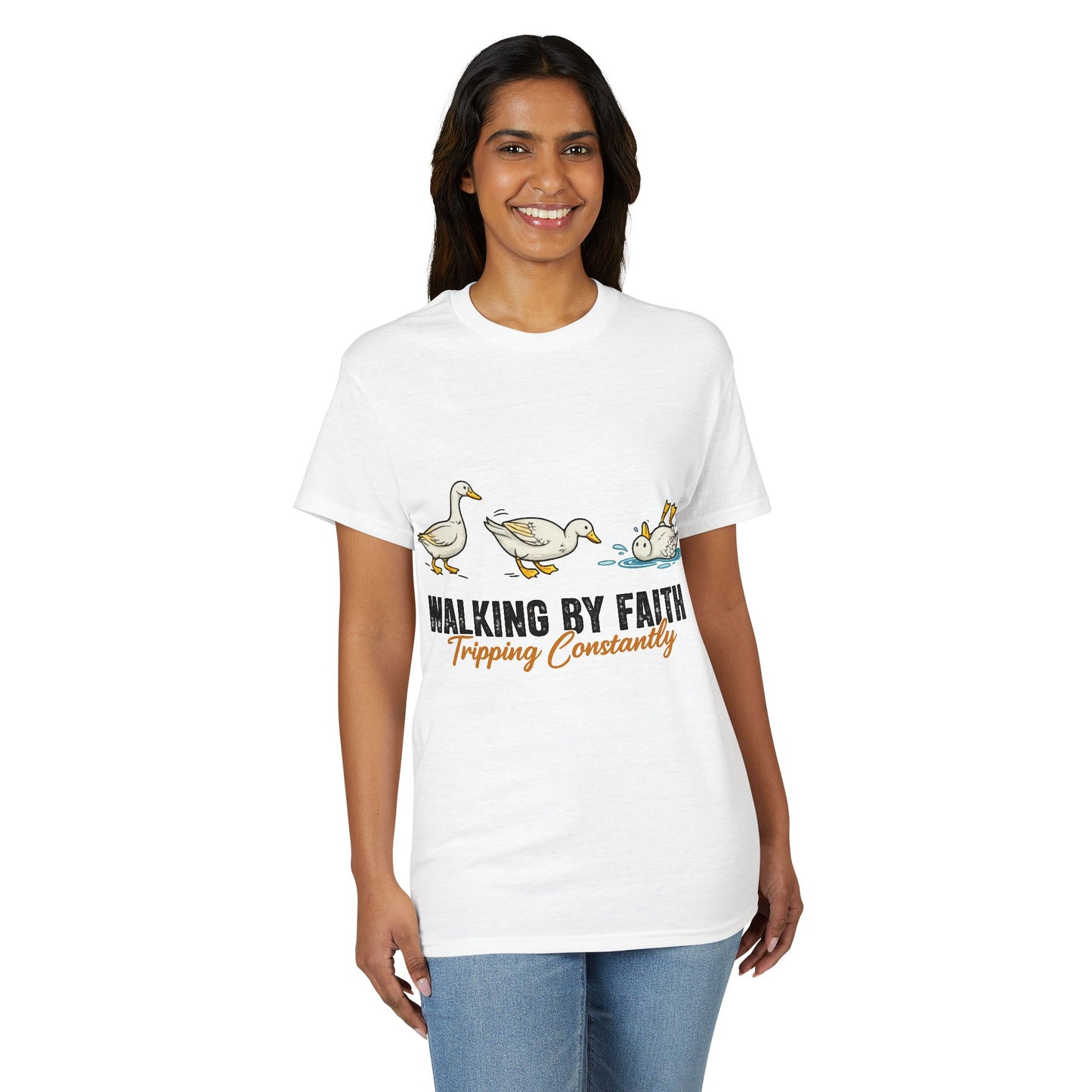 Walking By Faith T-Shirt — "Walking By Faith, Tripping Constantly" Goose Design