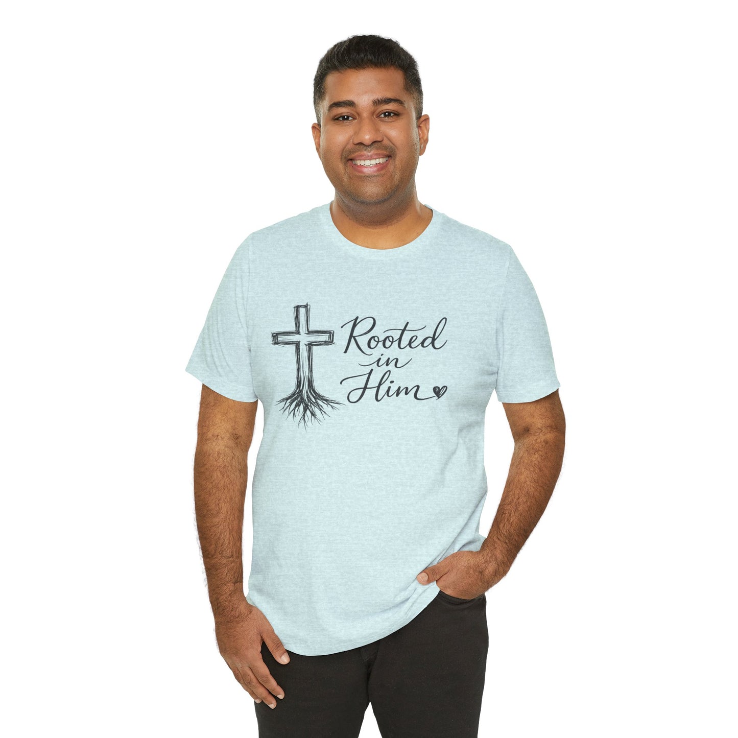 Rooted in Him T-Shirt — Christian Cross & Roots Faith Tee