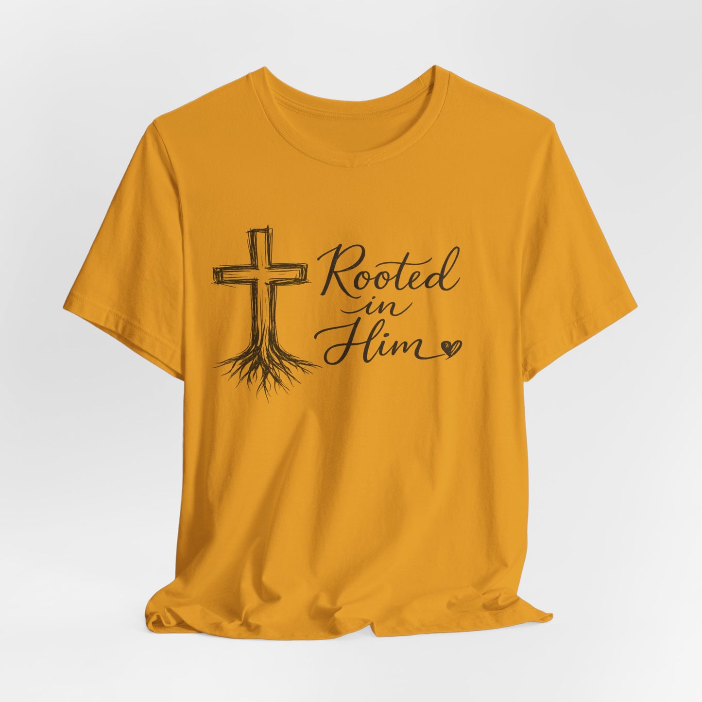 Rooted in Him T-Shirt — Christian Cross & Roots Faith Tee