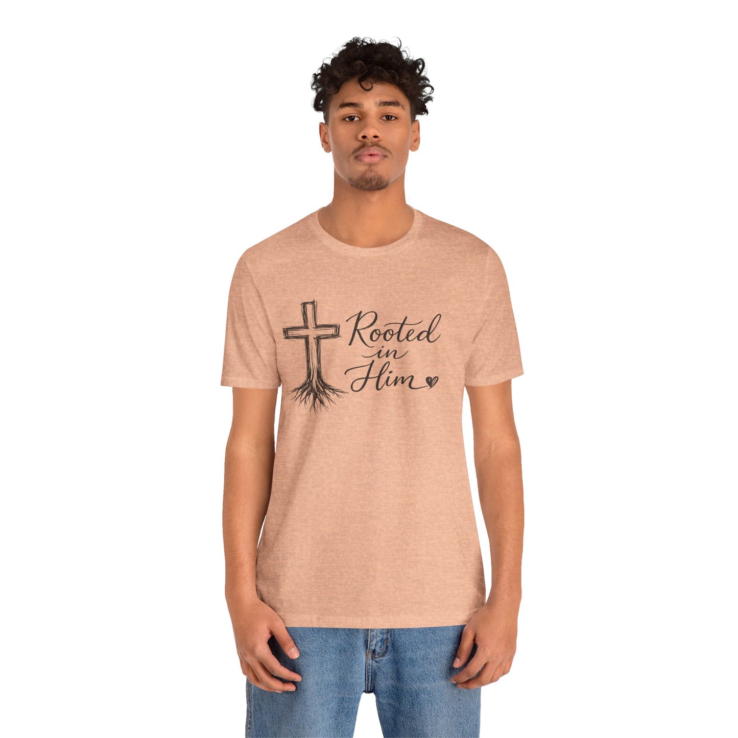 Rooted in Him T-Shirt — Christian Cross & Roots Faith Tee