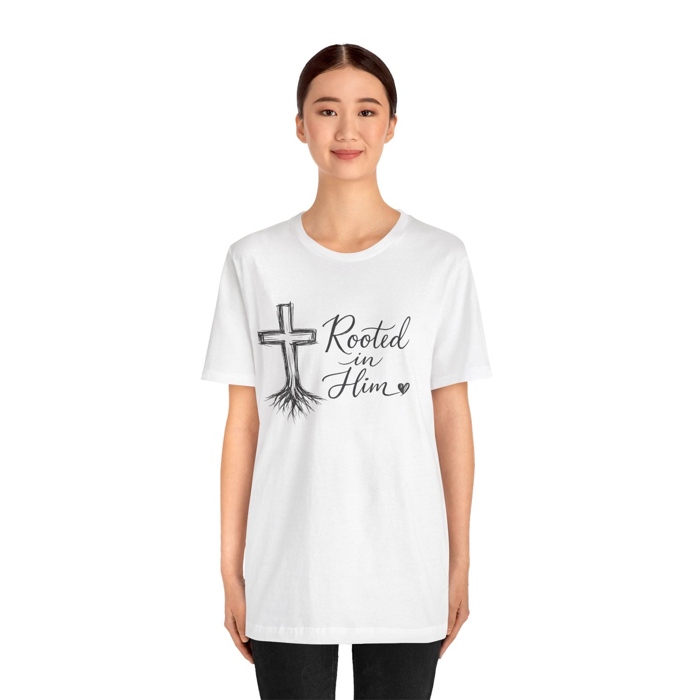 Rooted in Him T-Shirt — Christian Cross & Roots Faith Tee