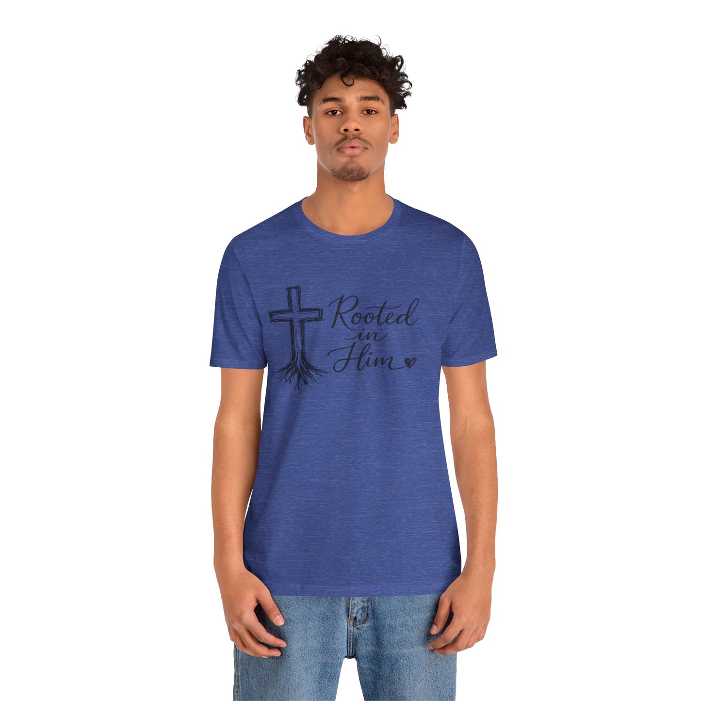 Rooted in Him T-Shirt — Christian Cross & Roots Faith Tee