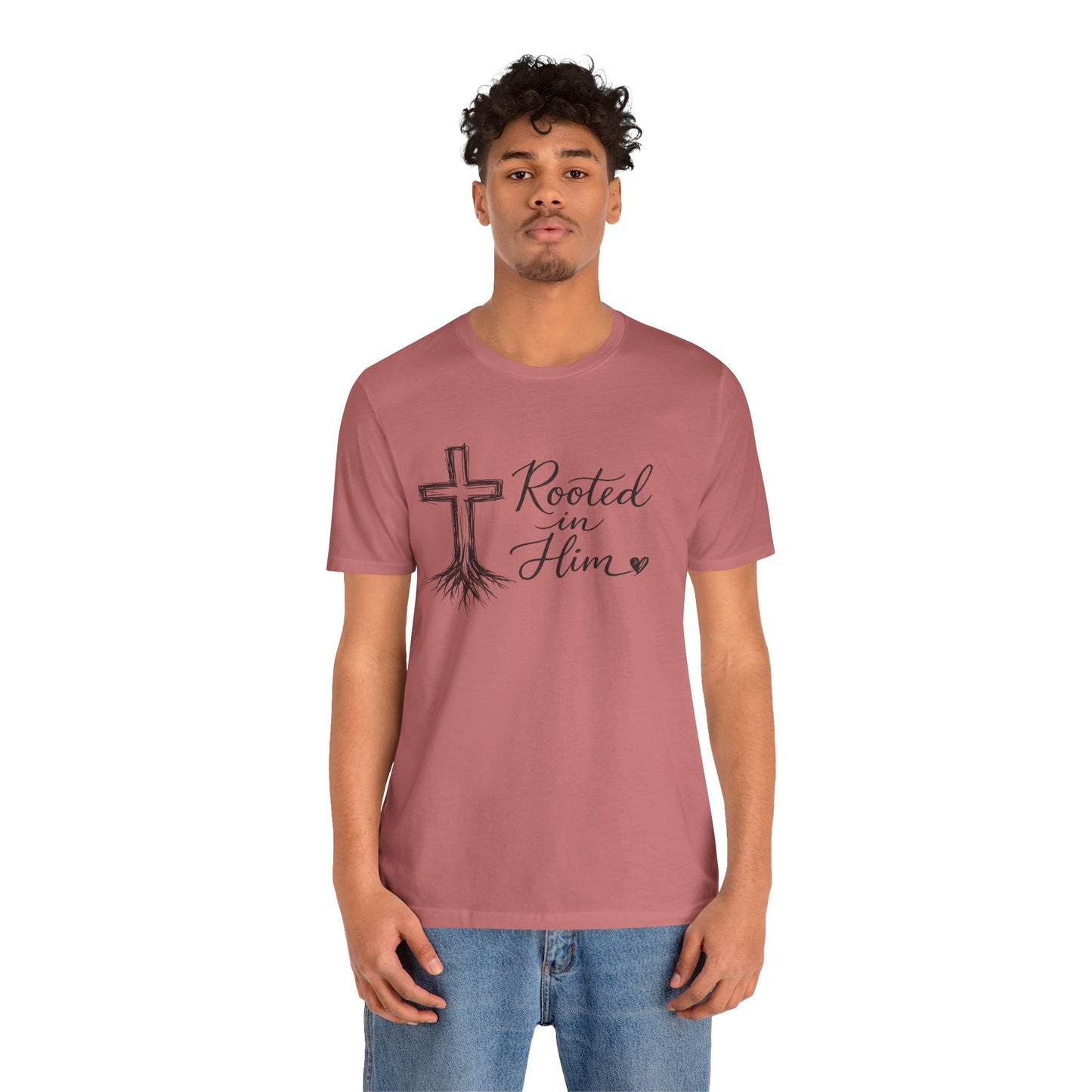 Rooted in Him T-Shirt — Christian Cross & Roots Faith Tee