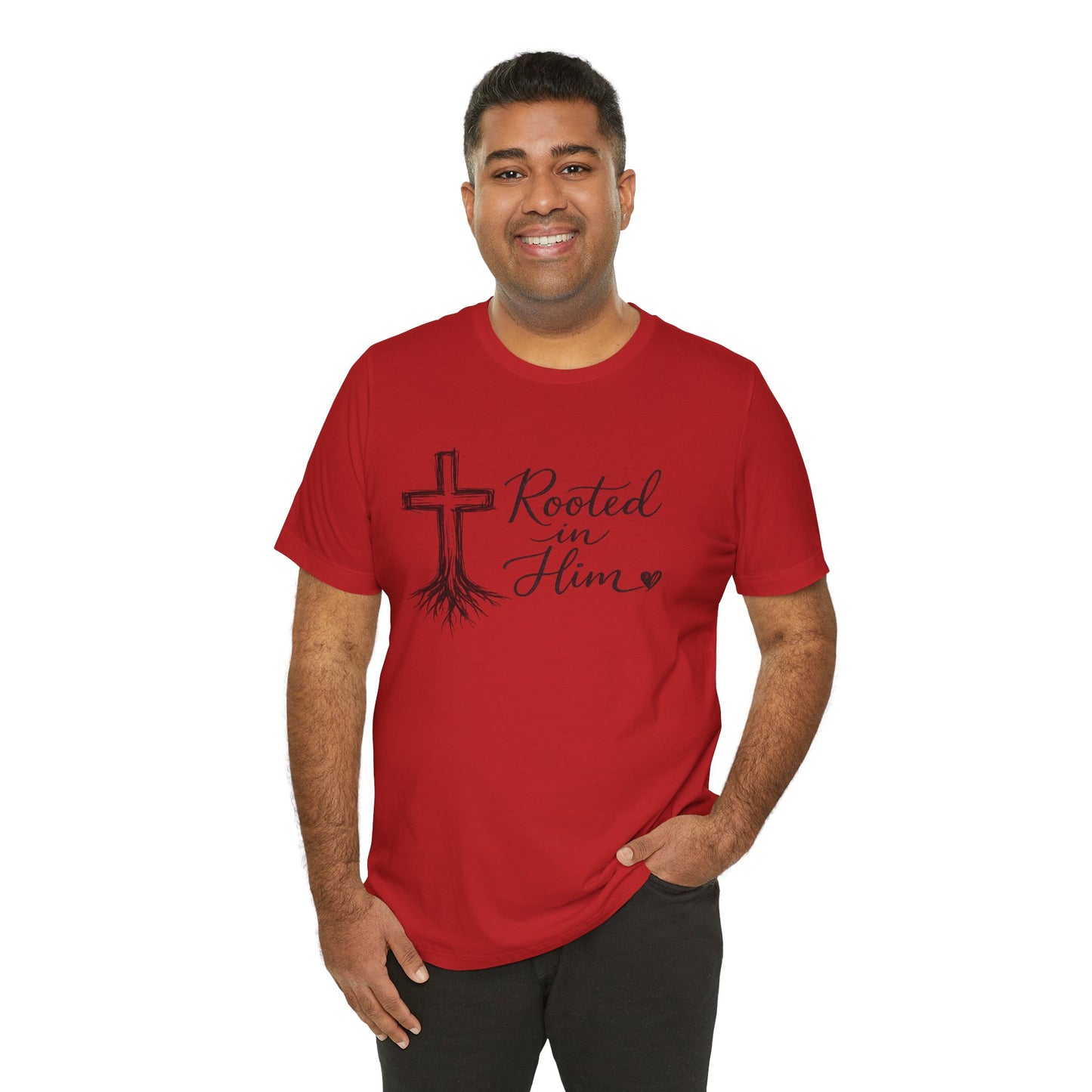 Rooted in Him T-Shirt — Christian Cross & Roots Faith Tee