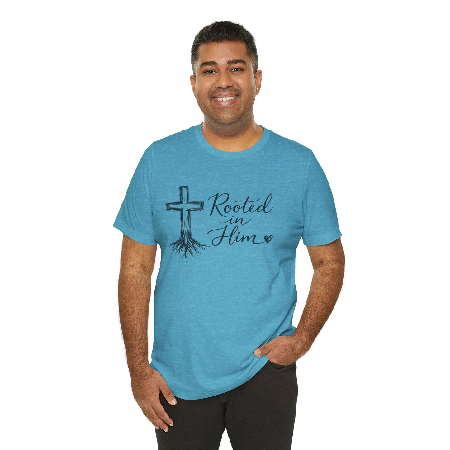 Rooted in Him T-Shirt — Christian Cross & Roots Faith Tee