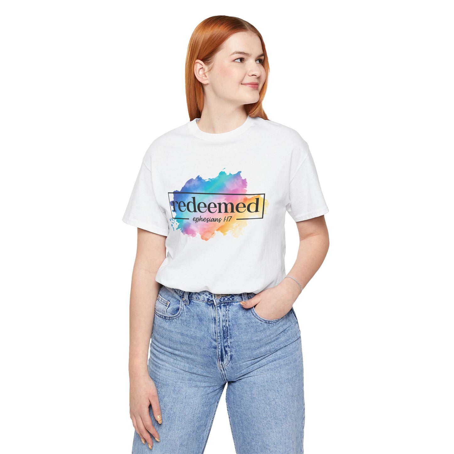 Redeemed Ephesians 1:7 T-Shirt — Colorful Watercolor Faith Tee