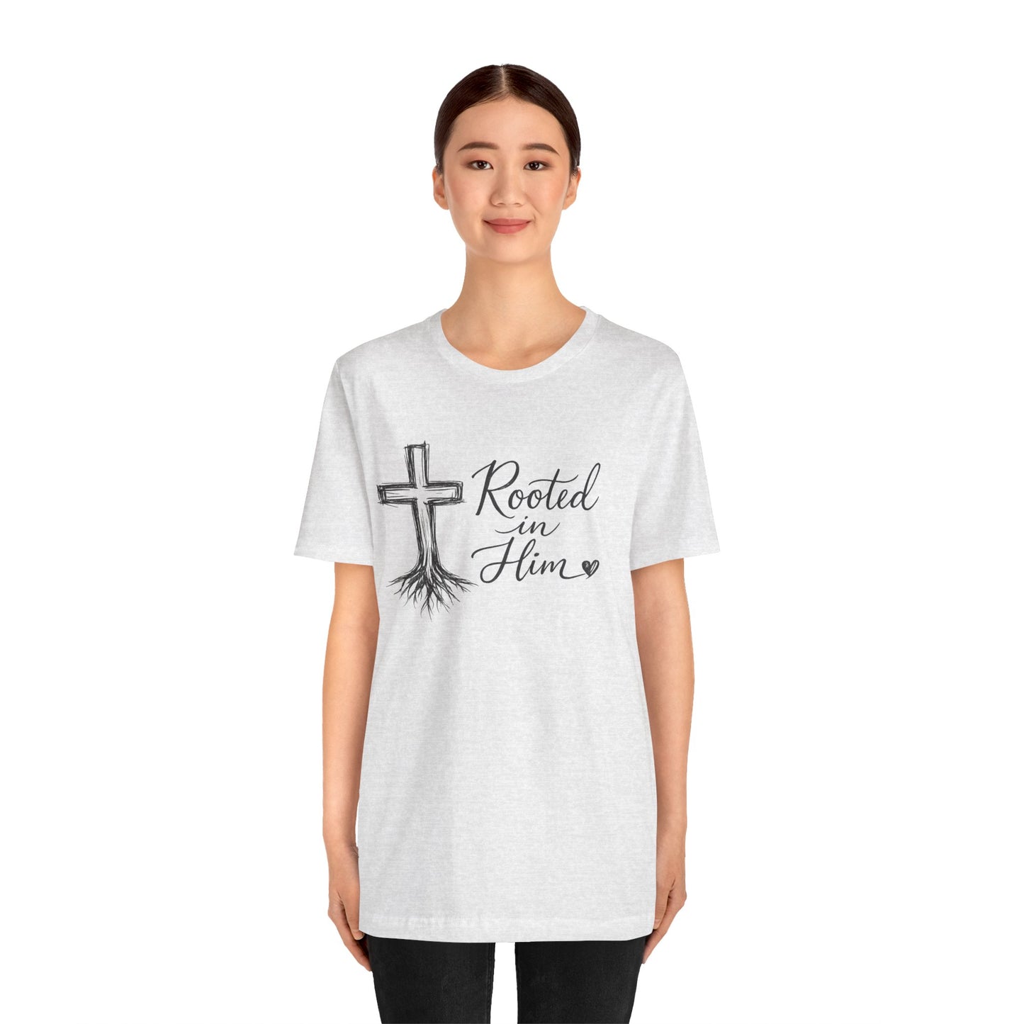 Rooted in Him T-Shirt — Christian Cross & Roots Faith Tee
