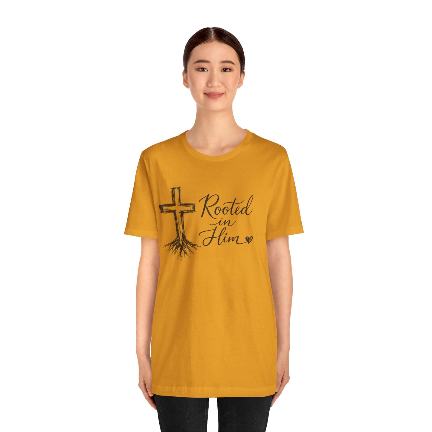 Rooted in Him T-Shirt — Christian Cross & Roots Faith Tee